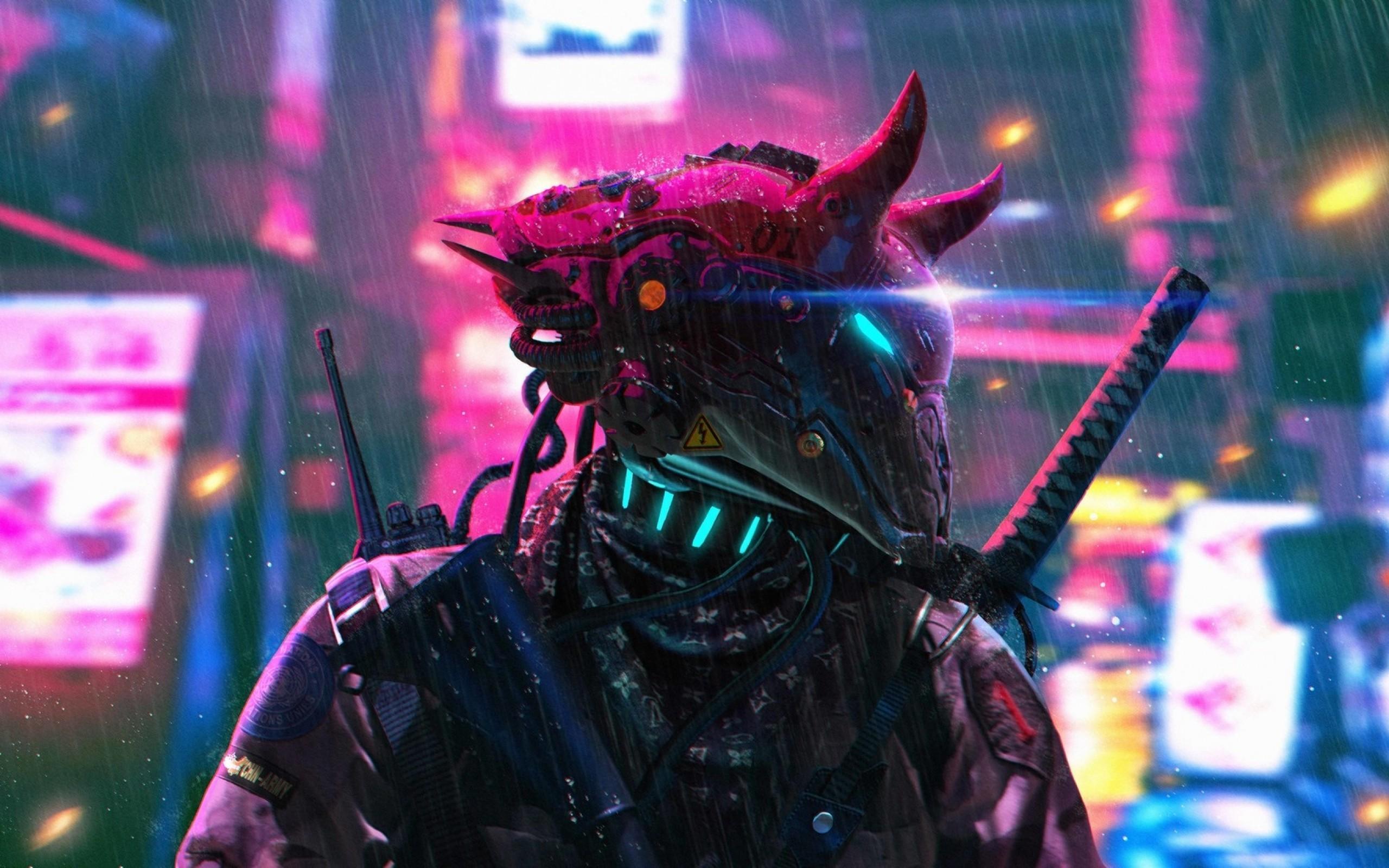Download 2560x1600 Neon City, Cyberpunk Warrior, Sci Fi