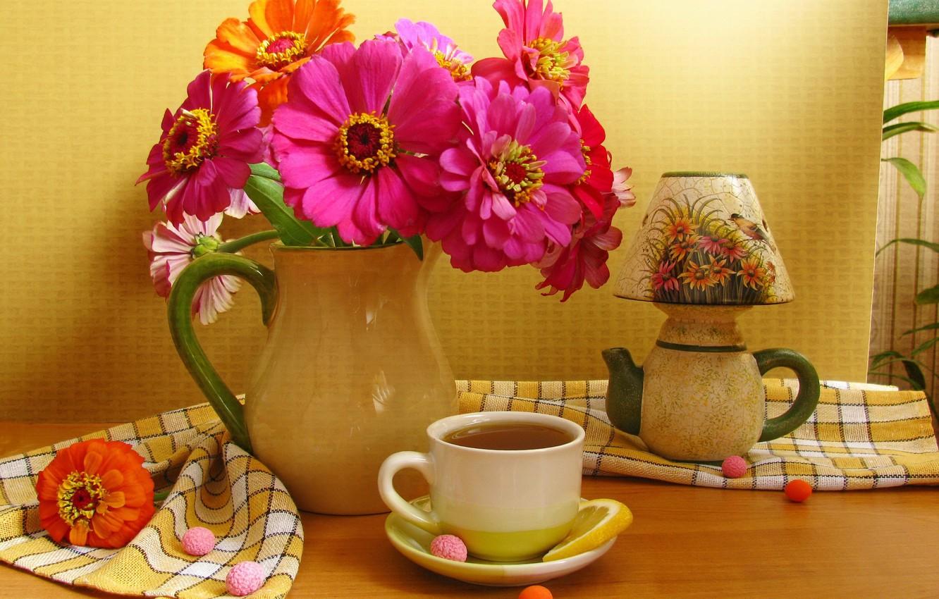 Wallpaper lemon, flowers, cup, harmony, color, sweet, drink
