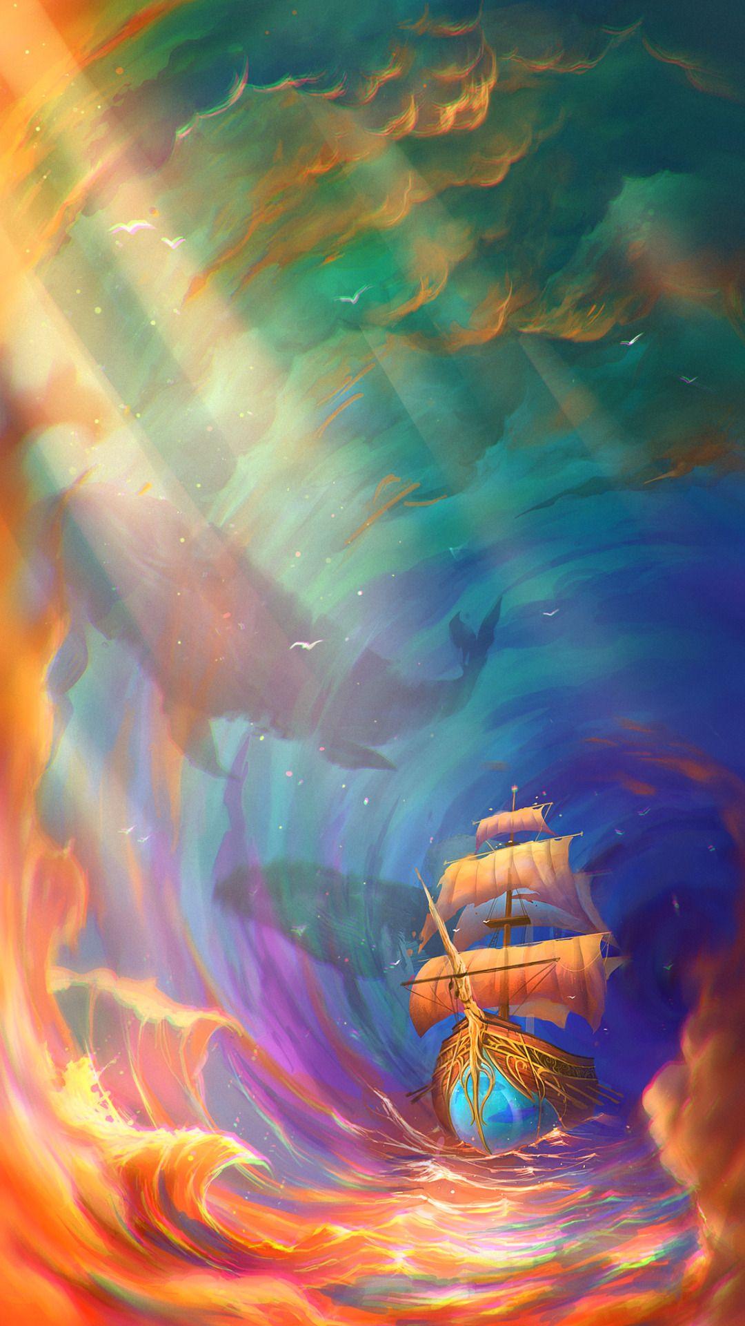 Boat in the deep sea wallpaper. Art, Painting, Illustration art