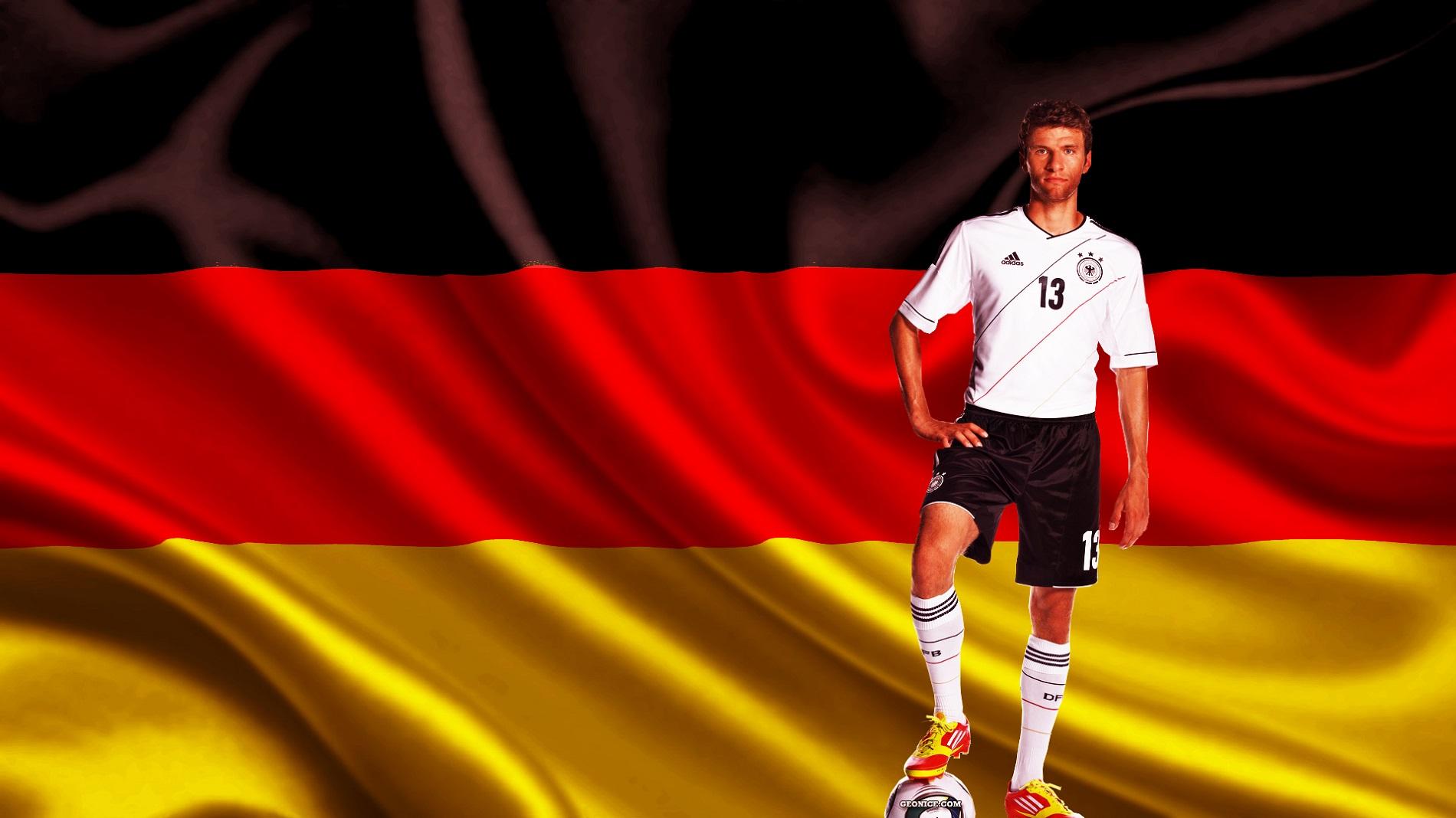 Thomas Muller With German Flag Awesome HD Cool Wallpaper