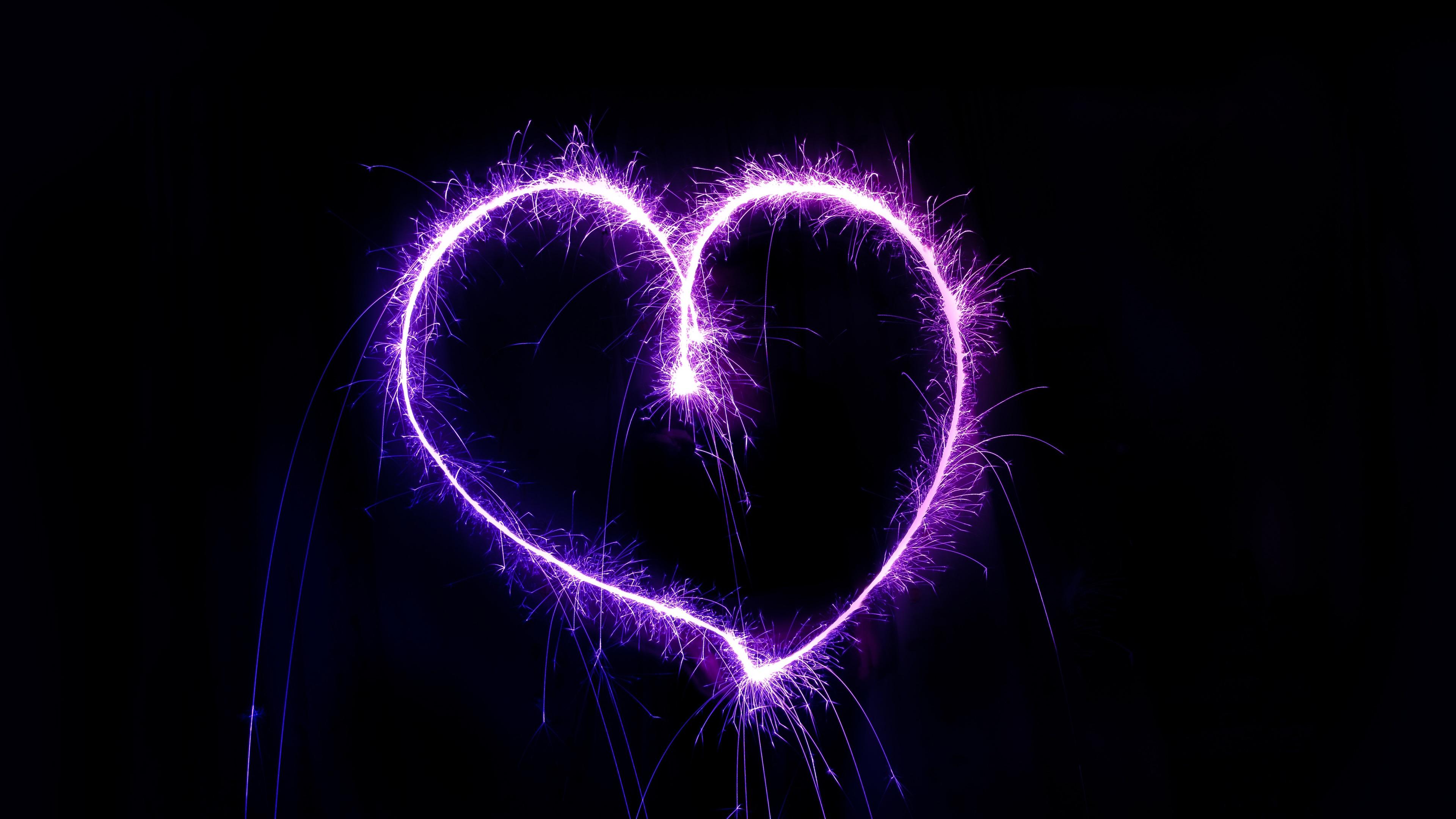 Wallpaper Purple love heart, fireworks, sparks 3840x2160 UHD