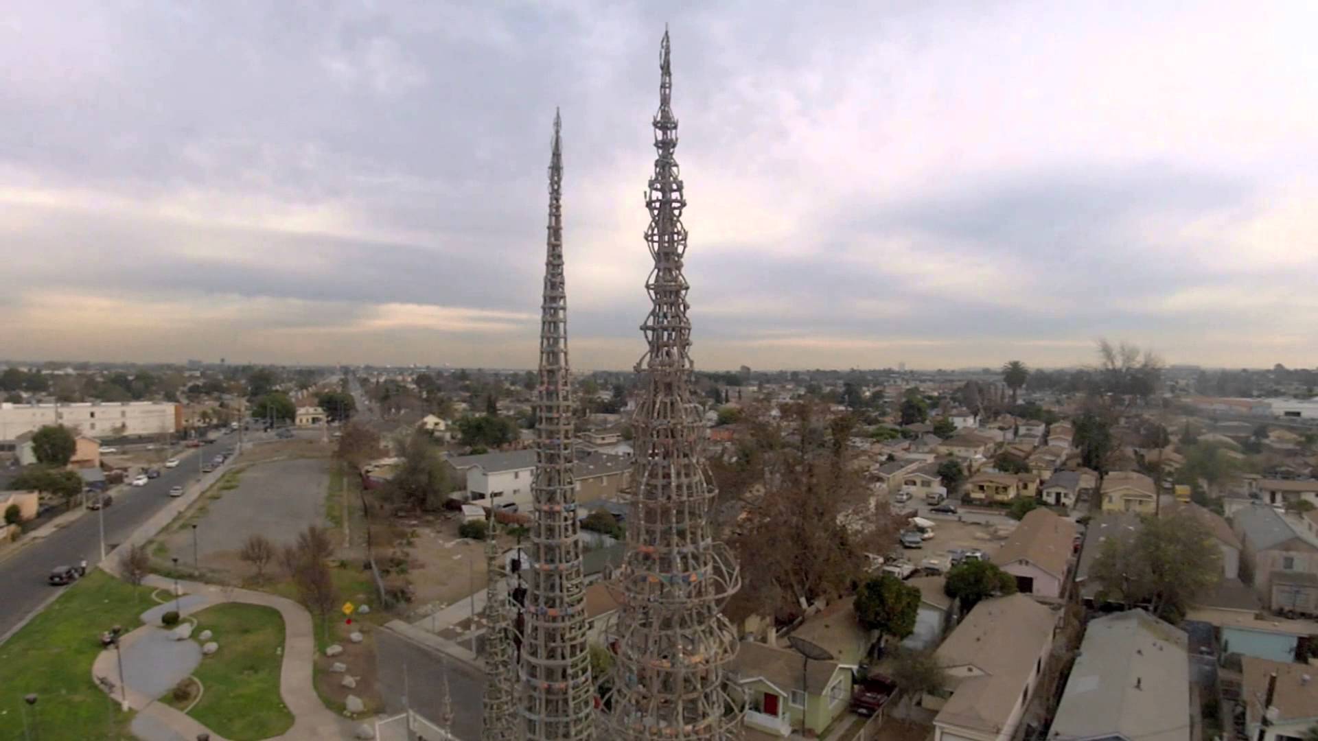 Flying a quadcopter above Simon Rodia's Watts Towers
