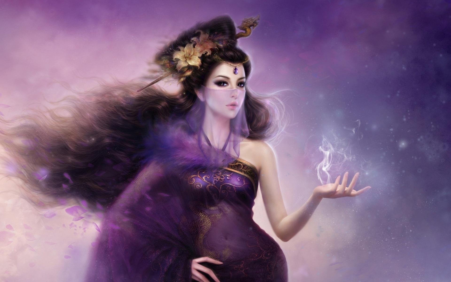 Wallpaper Purple fantasy oriental girl veil 1920x1200 HD