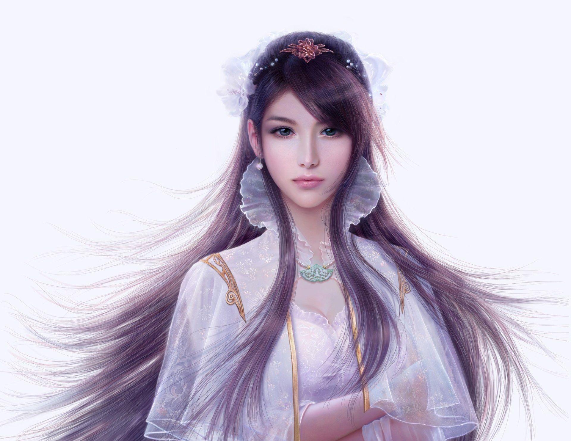 Fantasy Women Purple Hair Long Hair Oriental Brunette