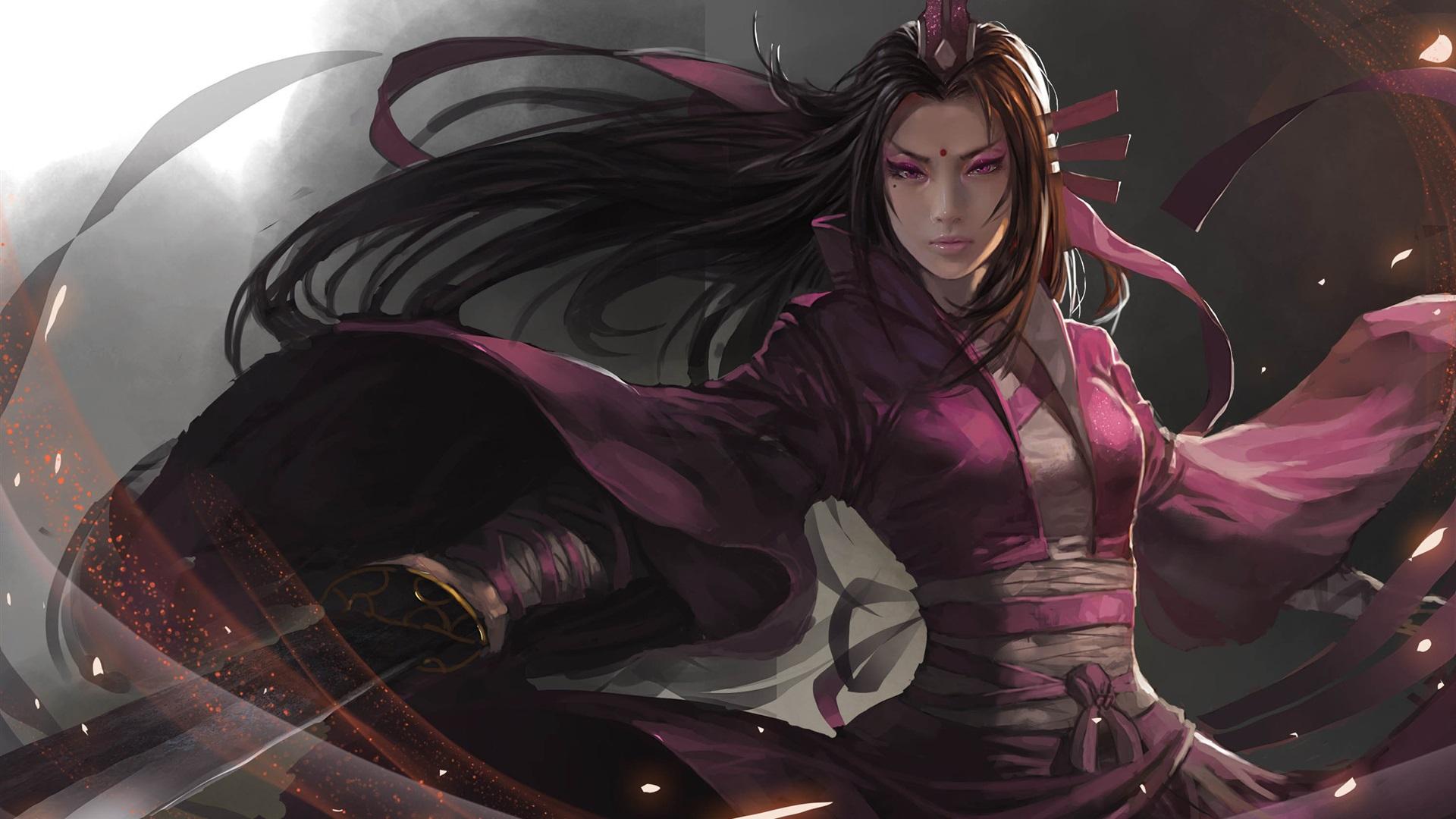 Art fantasy girl, asian, sword, purple clothes 750x1334