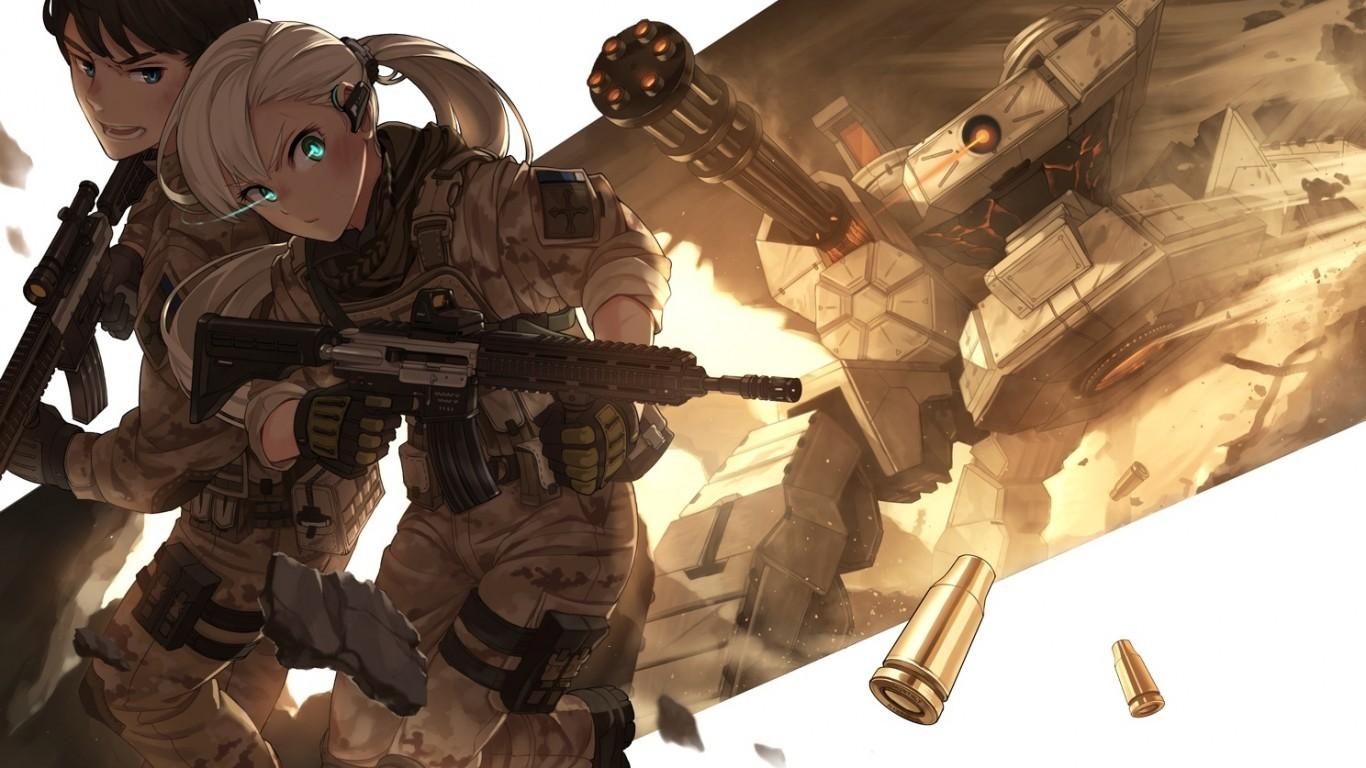 Download 1366x768 Anime Girl, Military, Soldier, Anime Boy, Guns