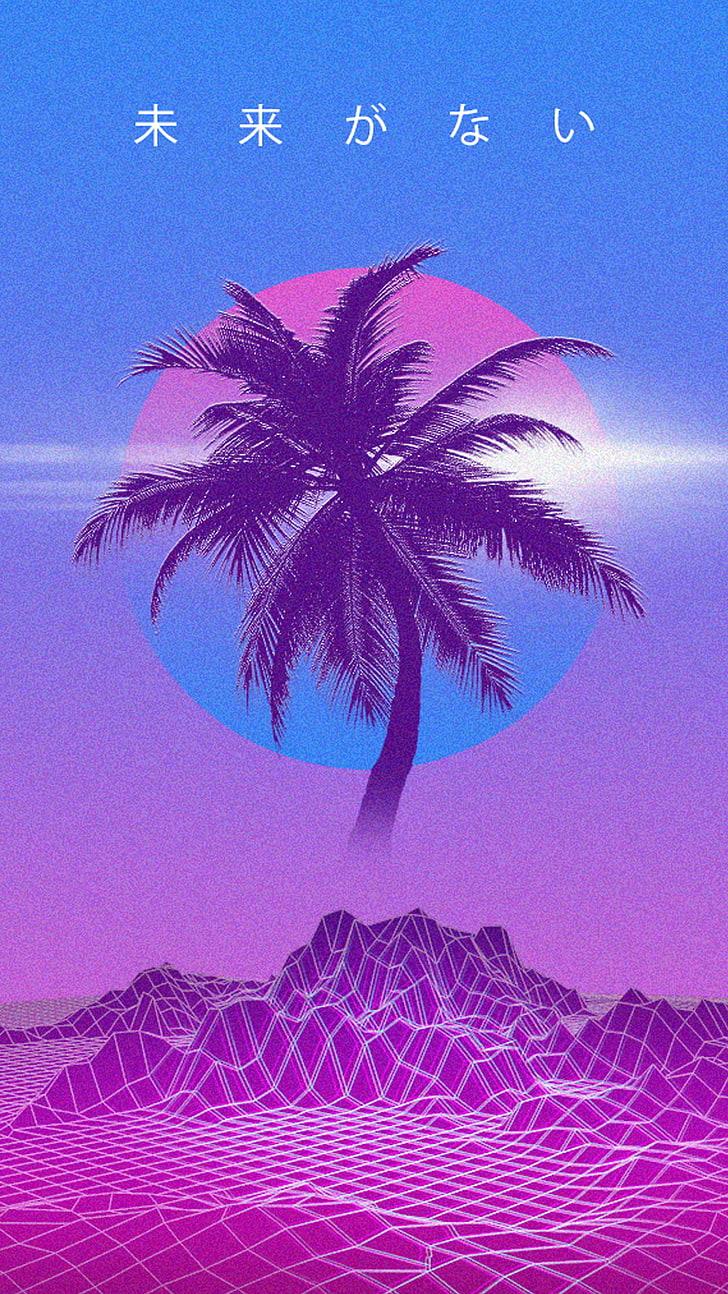 HD wallpaper: vaporwave, Retrowave, Japan, kanji, palm trees