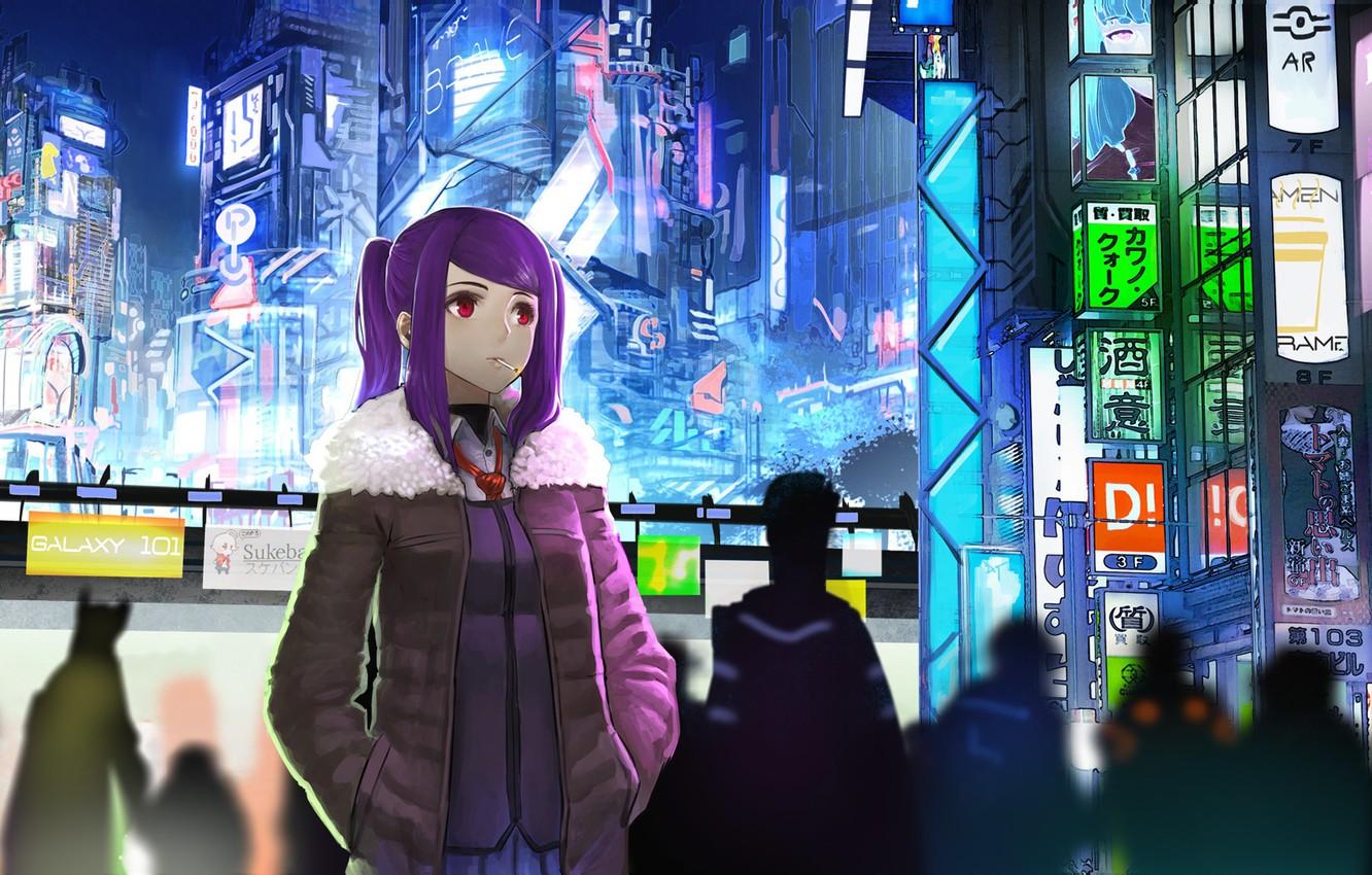 Wallpaper girl, night, the city, future, fiction, neon, anime, art, cigarette, cyberpunk, red eyes, anime, art, Night, neon, cyberpunk image for desktop, section игры