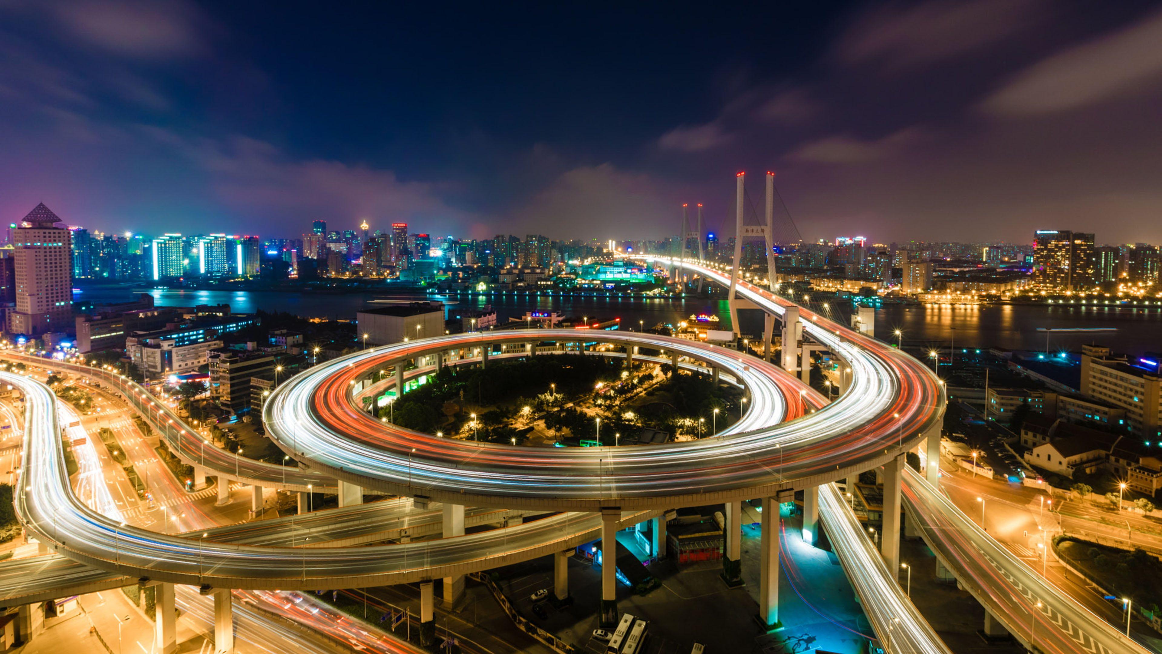 Shanghai China Circular Overpass Bridge Of Nanpu Night Landscape