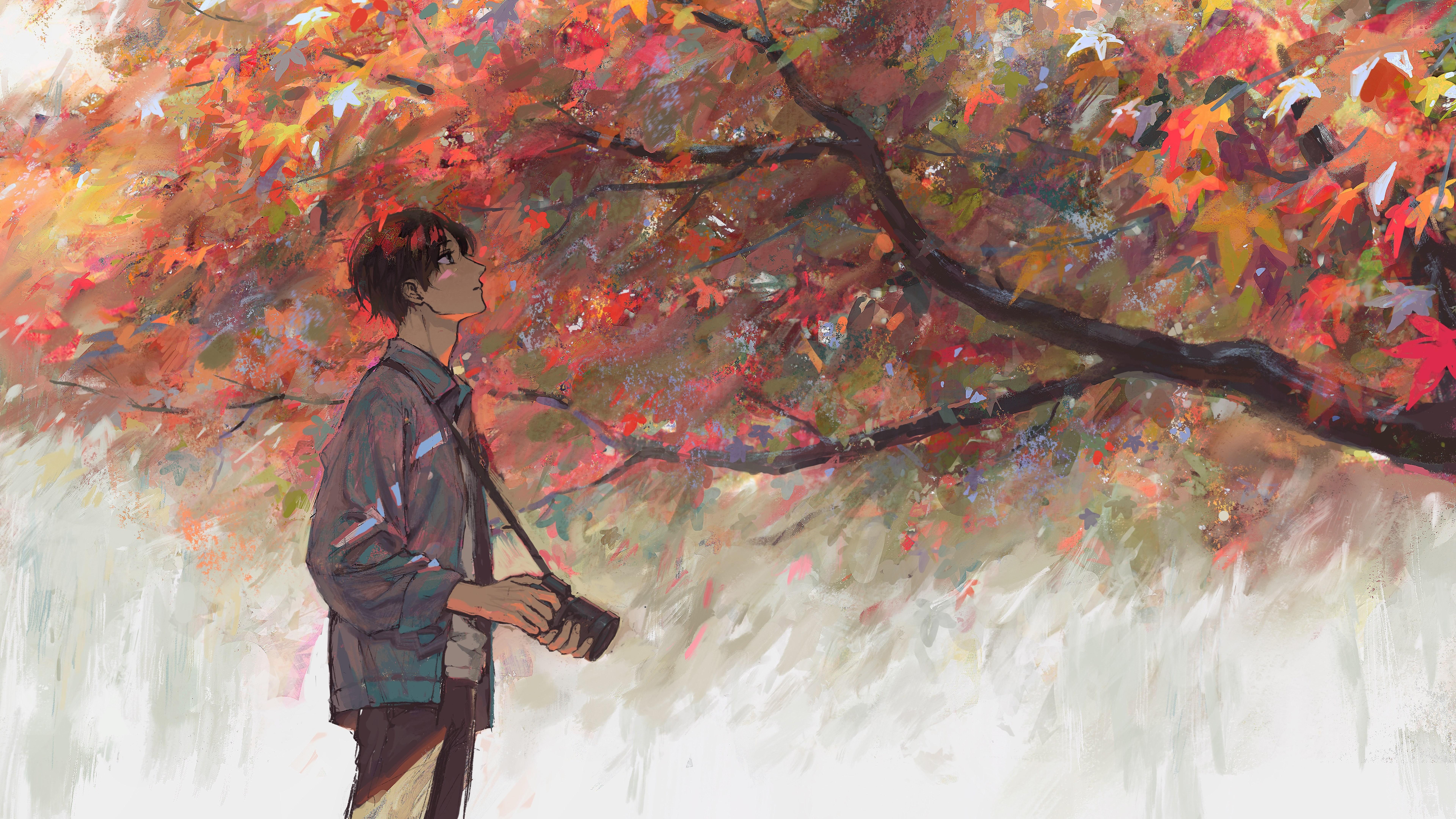 Anime Guy Photographer Maple Tree Autumn 8K Wallpaper