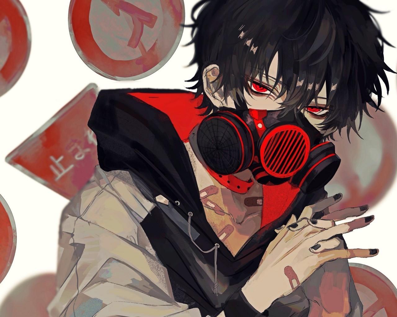 Download 1280x1024 Anime Boy, Gas Mask, Red Eyes, Black Hair, Hoodie Wallpaper