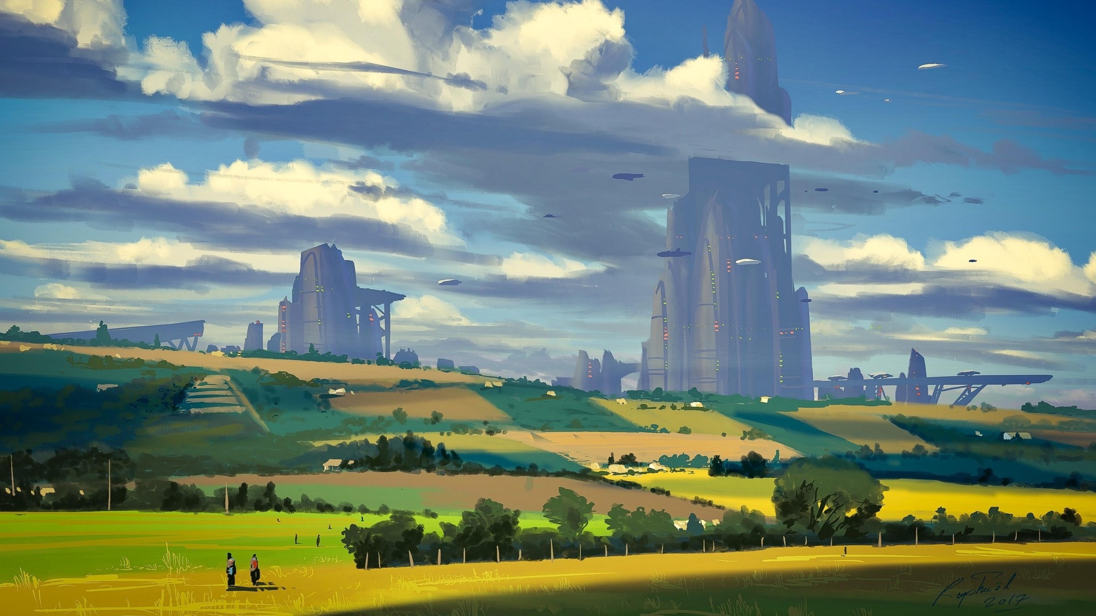 Sci Fi Countryside Painting City 4K Wallpaper, HD