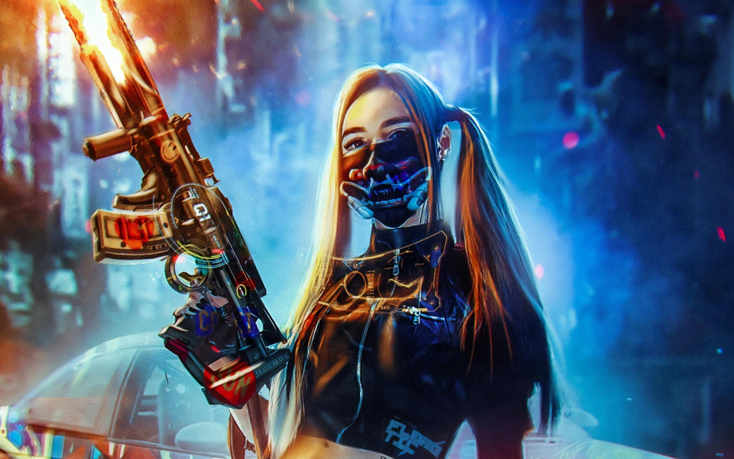 Wallpaper of Anarchy, Assault Rifle, Cyberpunk, Girl, Long