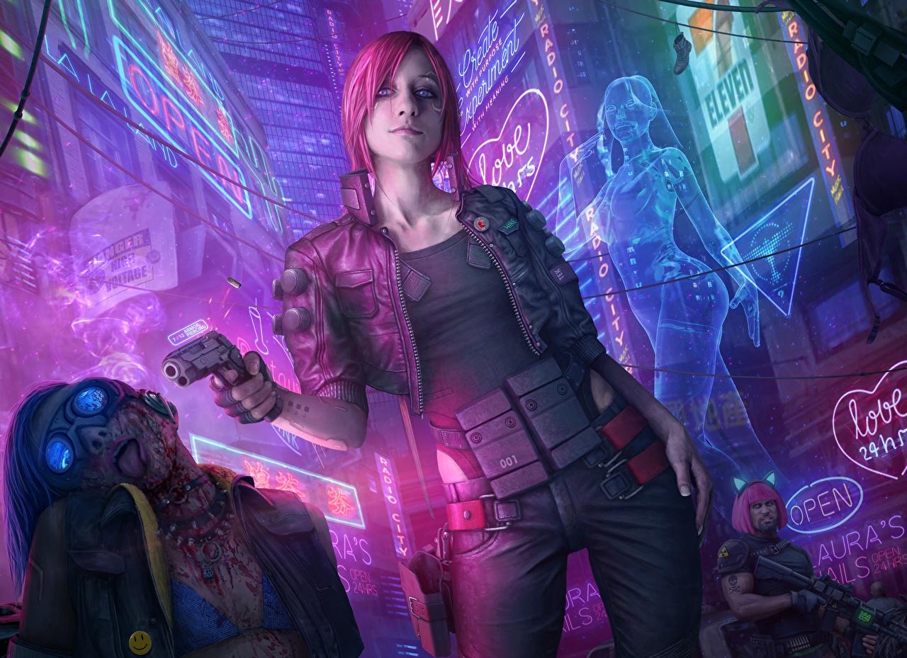 Photo Cyberpunk 2077 pistol Redhead girl young woman Games