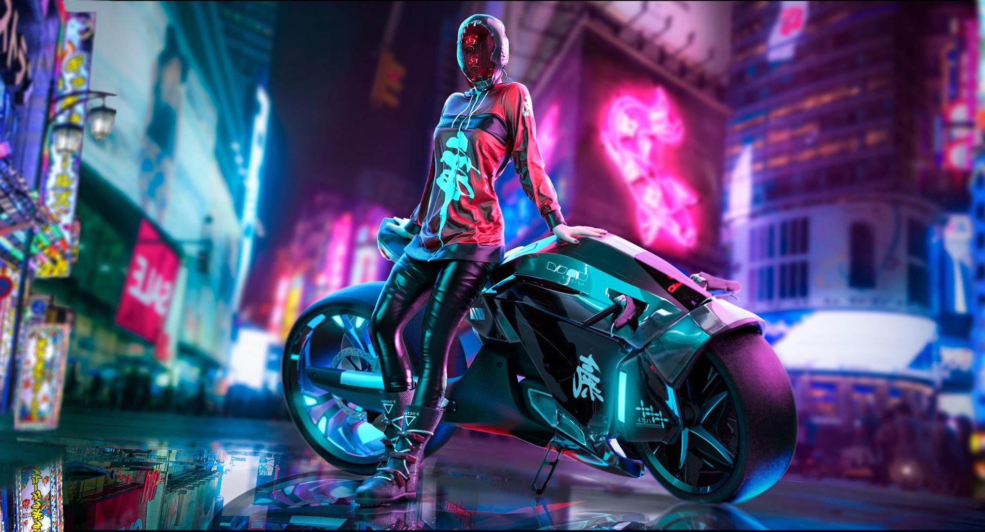 Motorcycle, Cyberpunk, Girl wallpaper and background. Sci