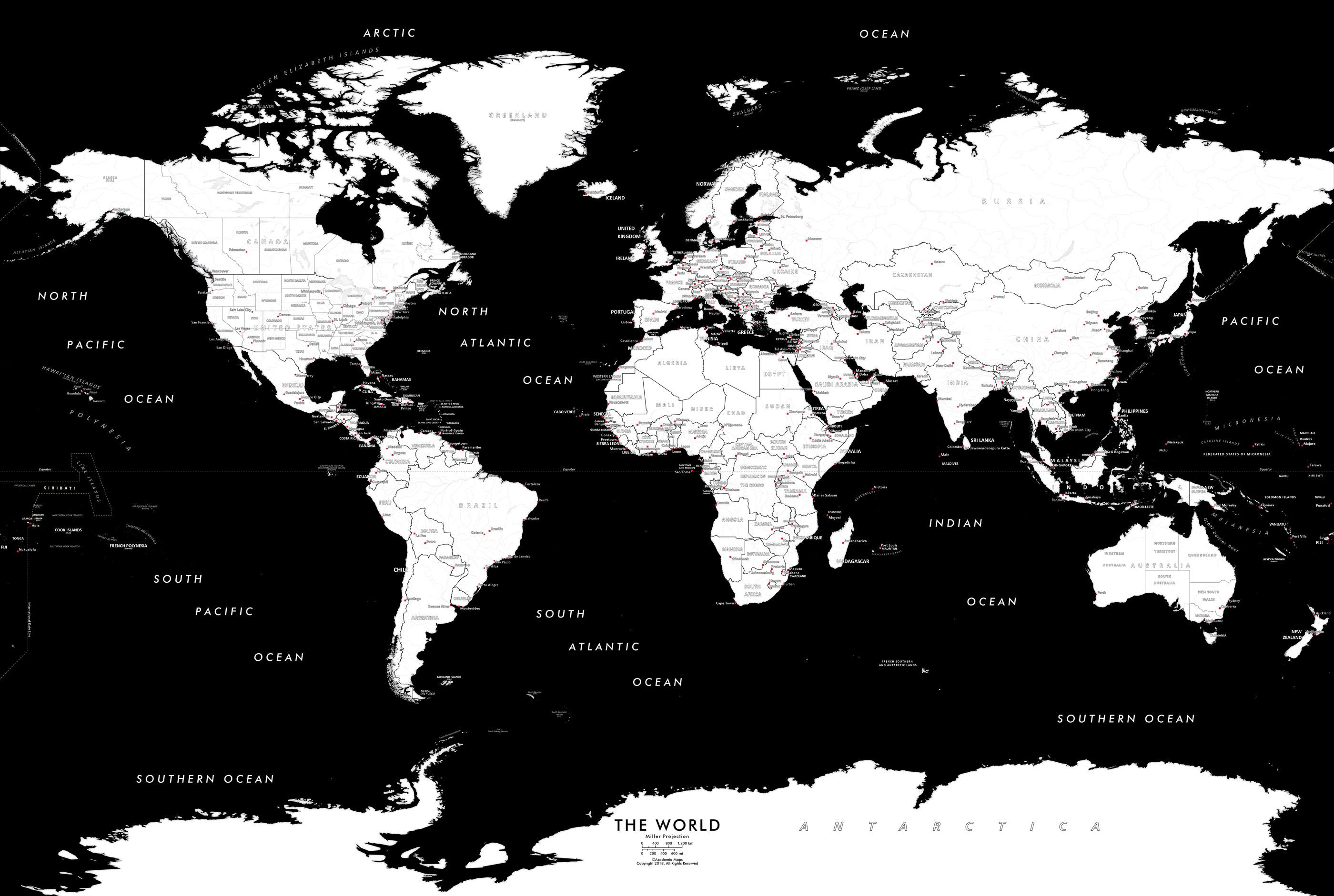 Black and White World Poltical Map Mural