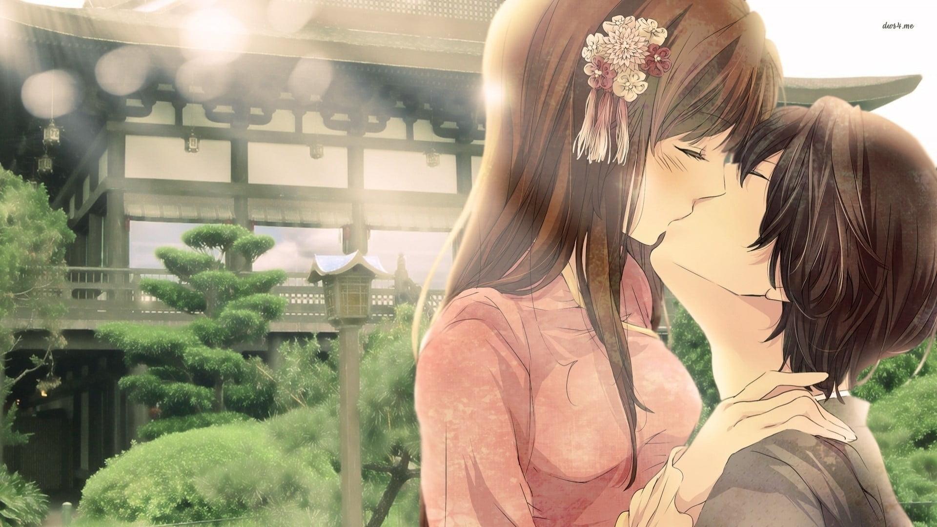 Animated illustration of woman kissing man, anime, kissing