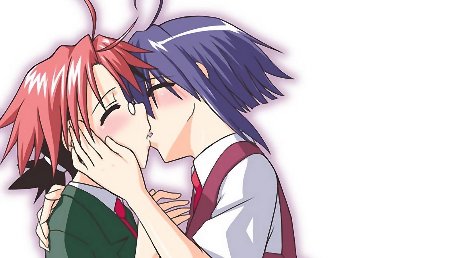 Download wallpaper 1600x900 anime, boy, girl, kiss, tender