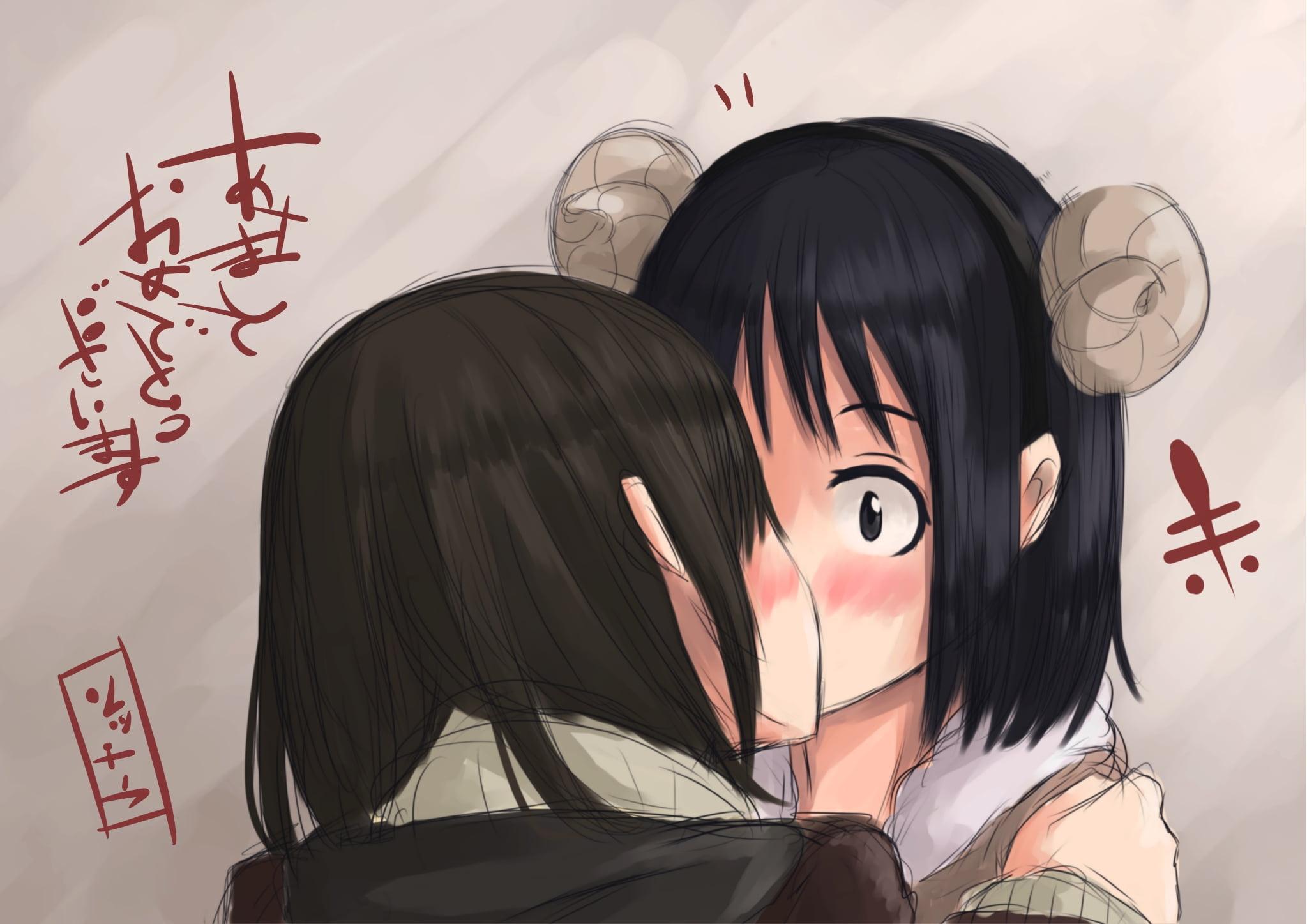 Two girls kissing anime characters digital wallpaper HD