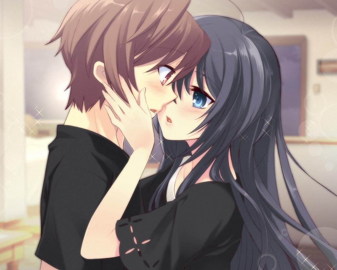 Download wallpaper 1280x1024 anime, boy, girl, tenderness, kiss