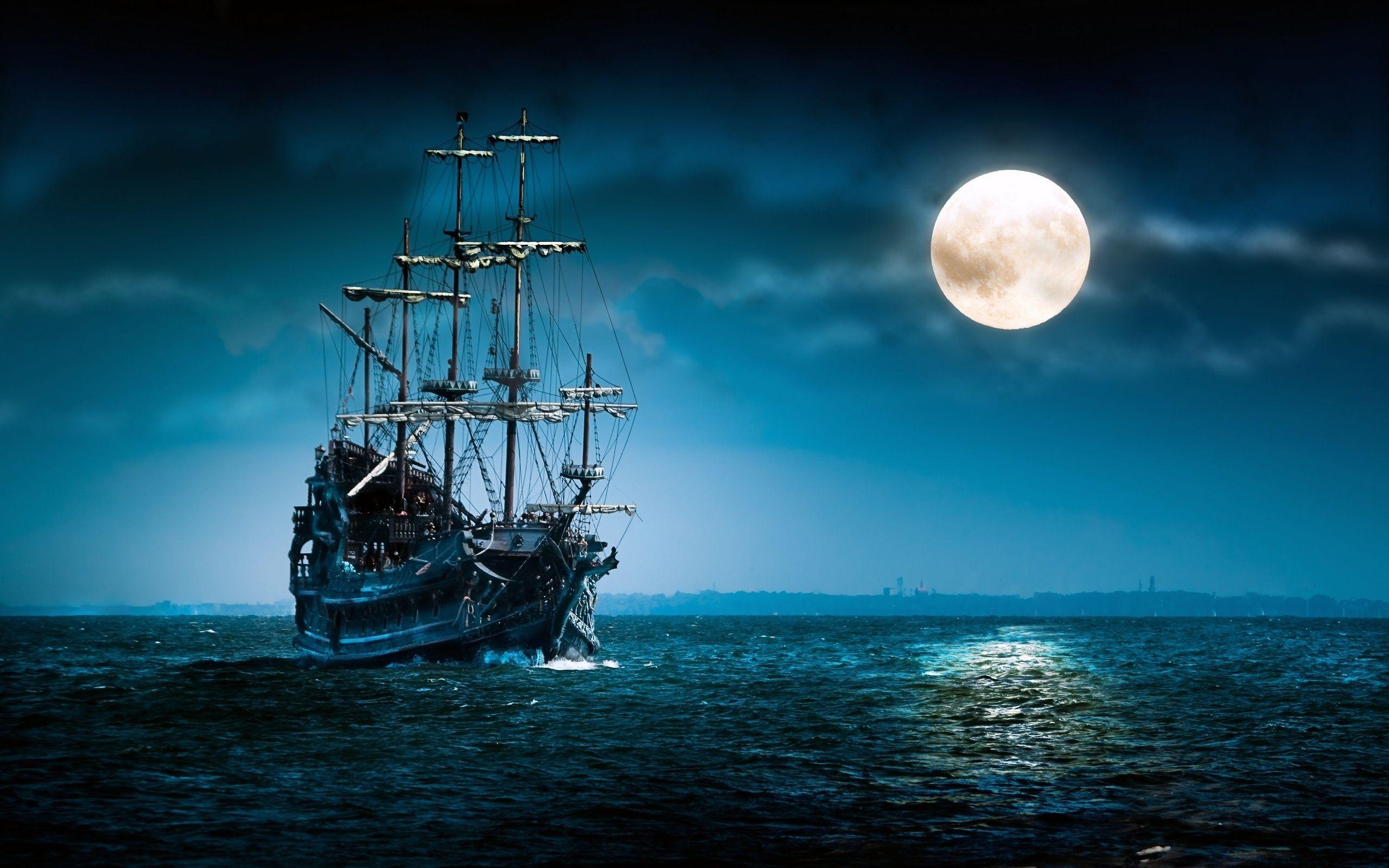 Sailboat Sea Moon Ship Boat Ocean Night Mood Moon Wallpaper