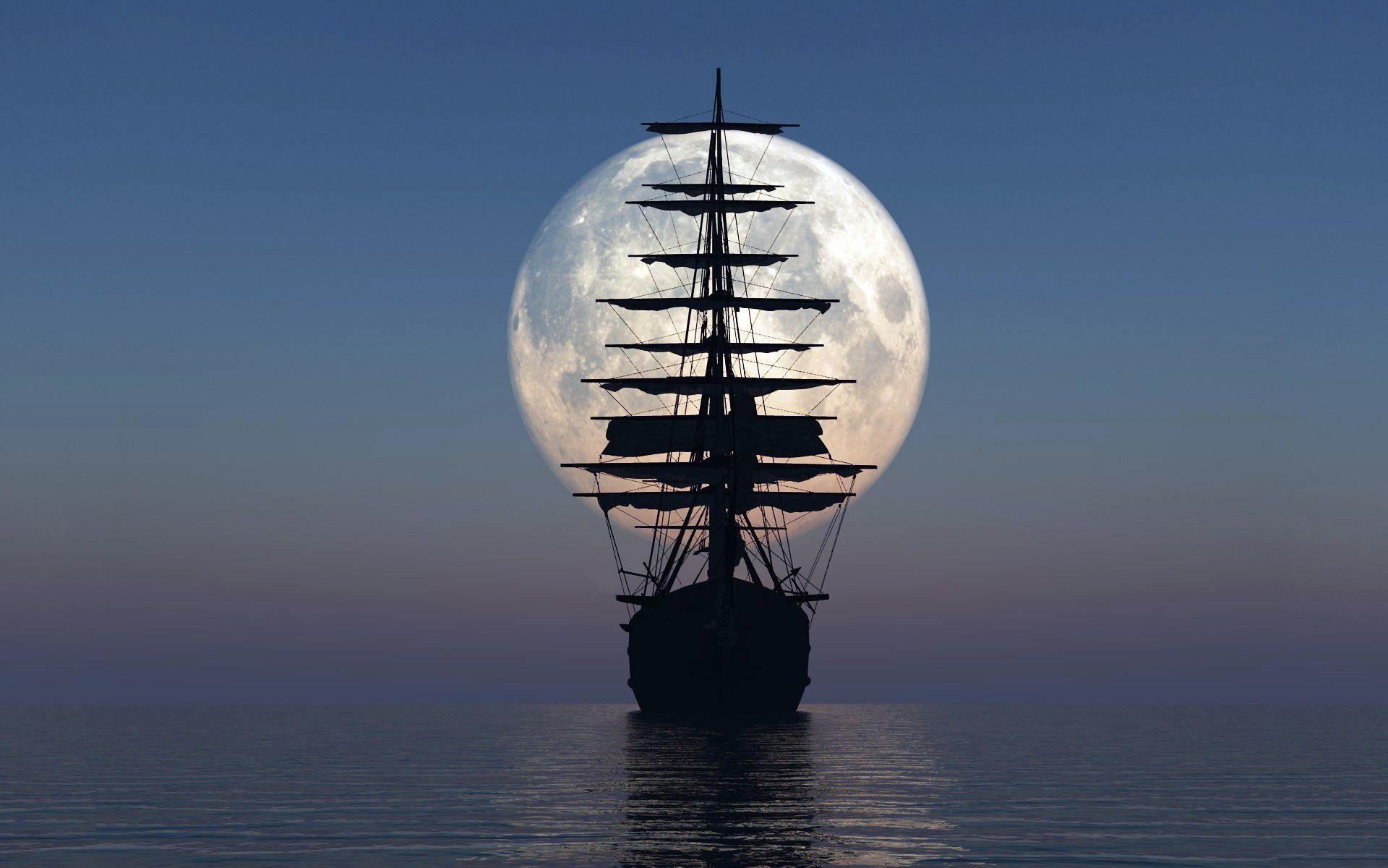 Calming Photo Picture. Ship, Moon, Sea, Night, Calm, 3D