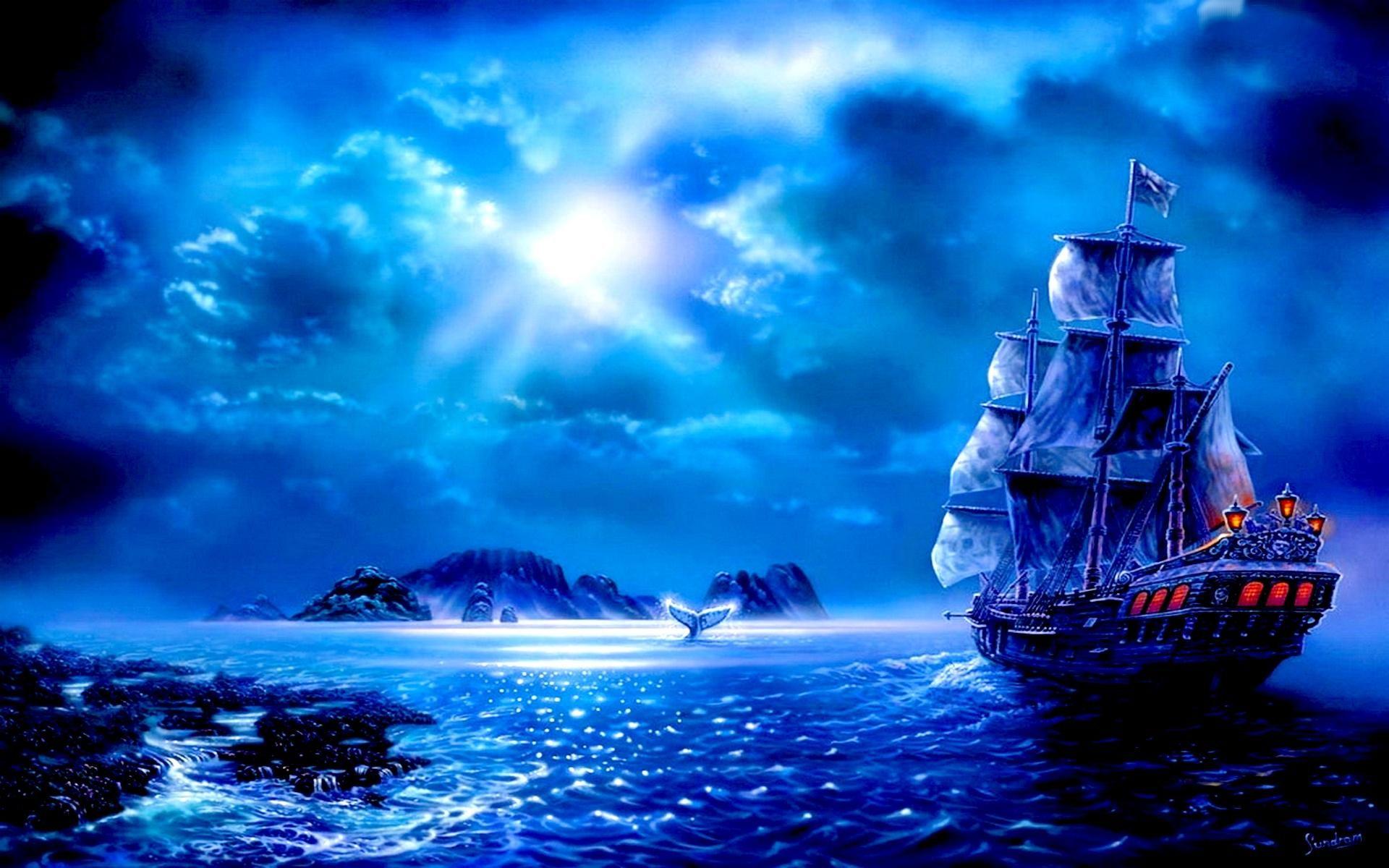 Moonlight Sail. Ship, Boat, Sailboat