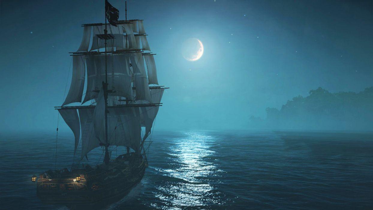 Ship night moon sailing theme fantasy art work star island