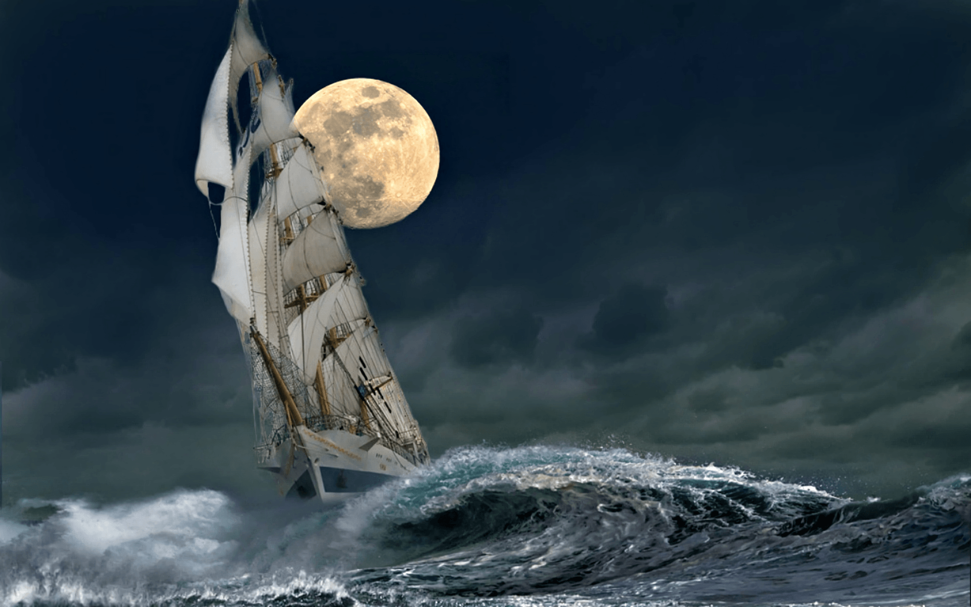 Sailing Ship Under the Full Moon HD Wallpaper. Background