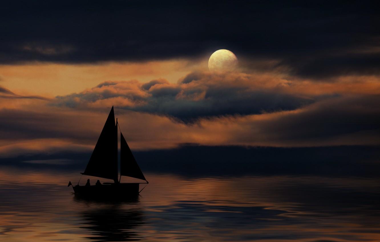 Wallpaper night, the moon, boat image for desktop, section