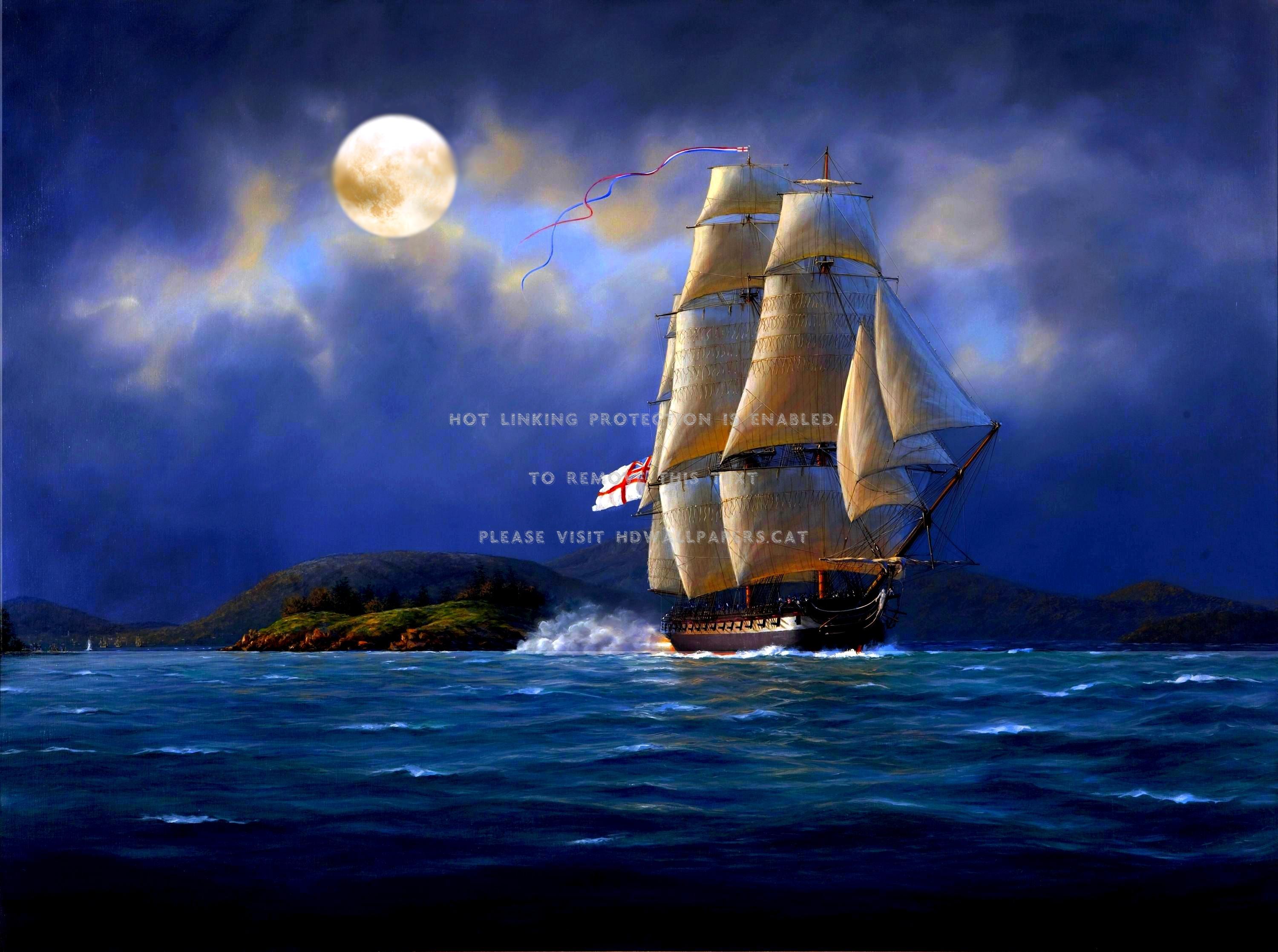 moonlight sailing boat fullmoon sea sky 3D