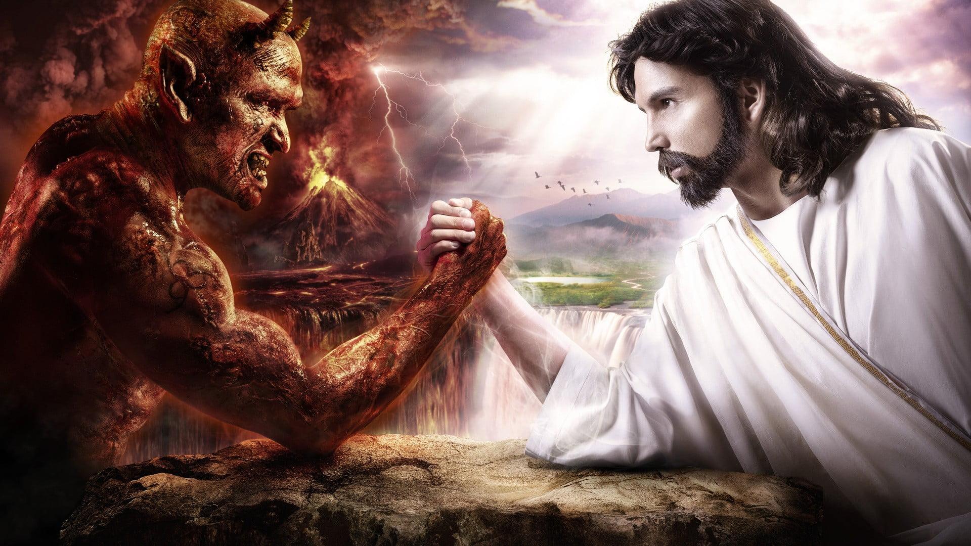 Jesus vs Satan digital wallpaper, arm wrestling, devils, Jesus
