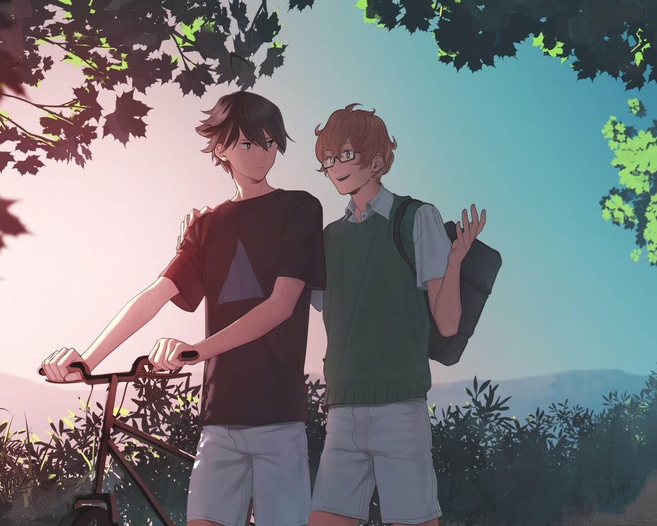 Download 1280x1024 Anime Boys, Friends, Bicycle, Walking