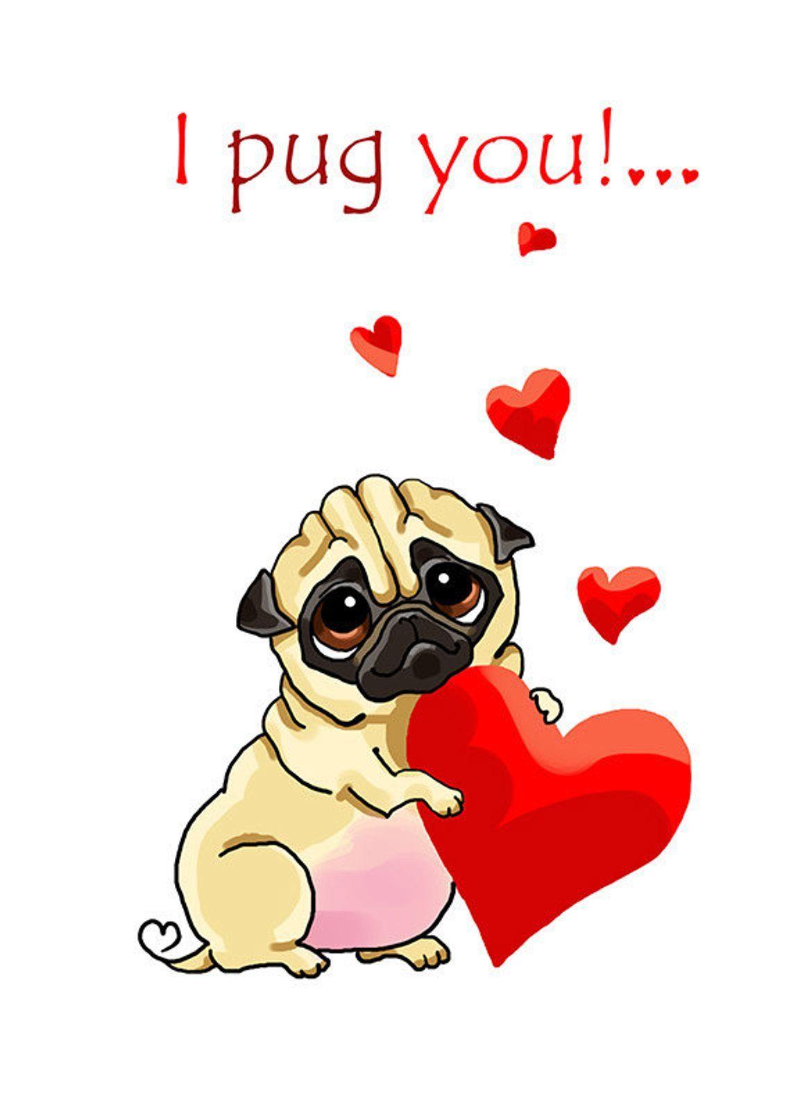 Pug with hearts. Valentine's day card. Printable greeting