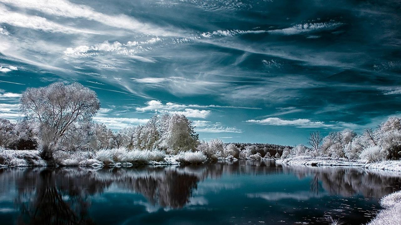Download wallpaper 1280x720 lake, winter, trees, clouds
