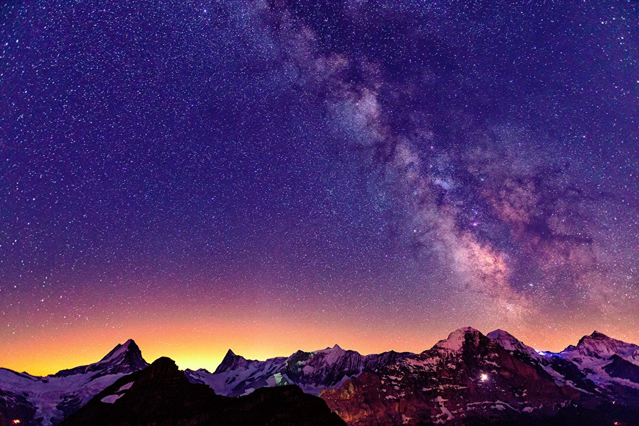 Photo Alps Stars Switzerland Nature Mountains Sky sunrise