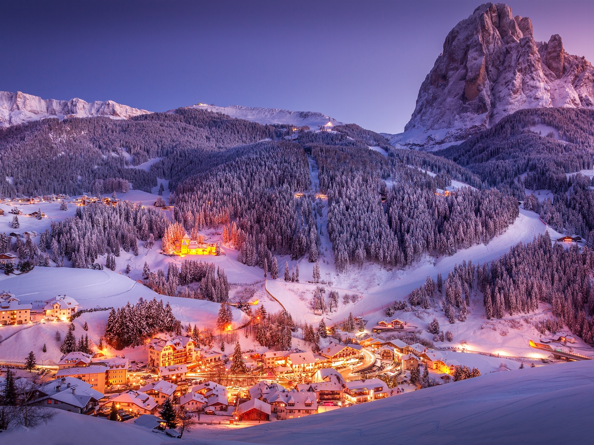 Wallpaper Alps, mountains, town, winter, snow, night