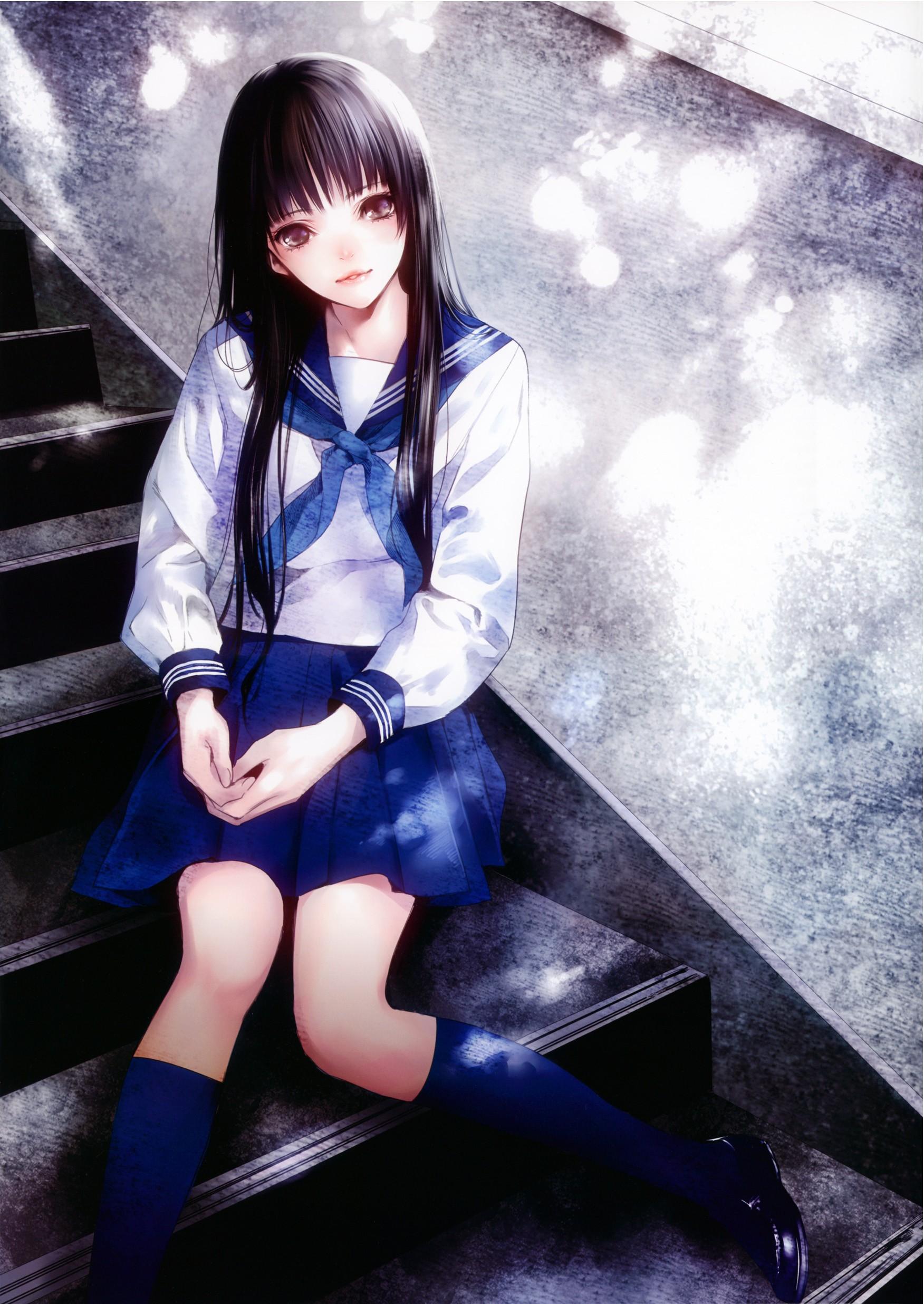 School uniforms skirts long hair blush anime girls original