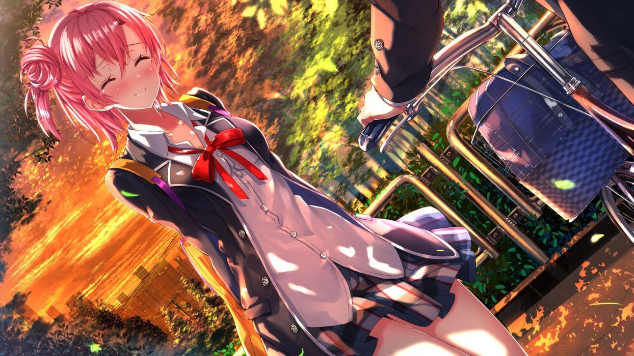 Anime girl bike blush crying pink hair ribbon school bag seifuku