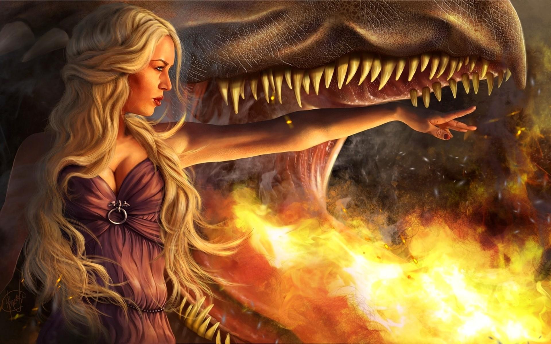 blondes, women, dragons, fire, Queen, fantasy art, artwork