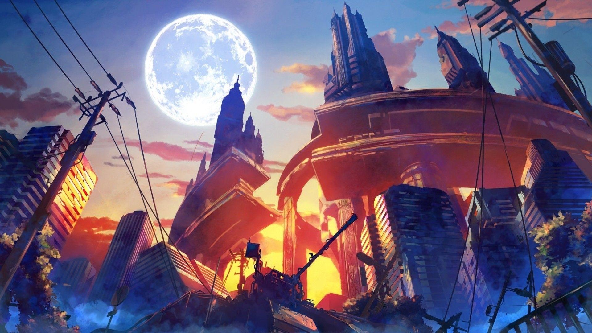 Moon, #fantasy art, #artwork, #anime, #city, #destruction