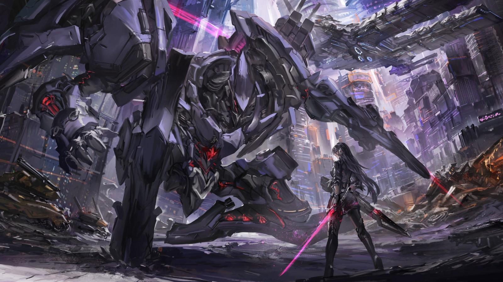 Download 1600x900 Anime Girl, Mecha, Robot, Sci Fi