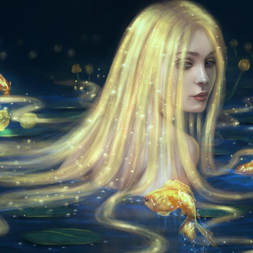 Mermaid In Golden Long Hair Artwork iPad Wallpaper Free