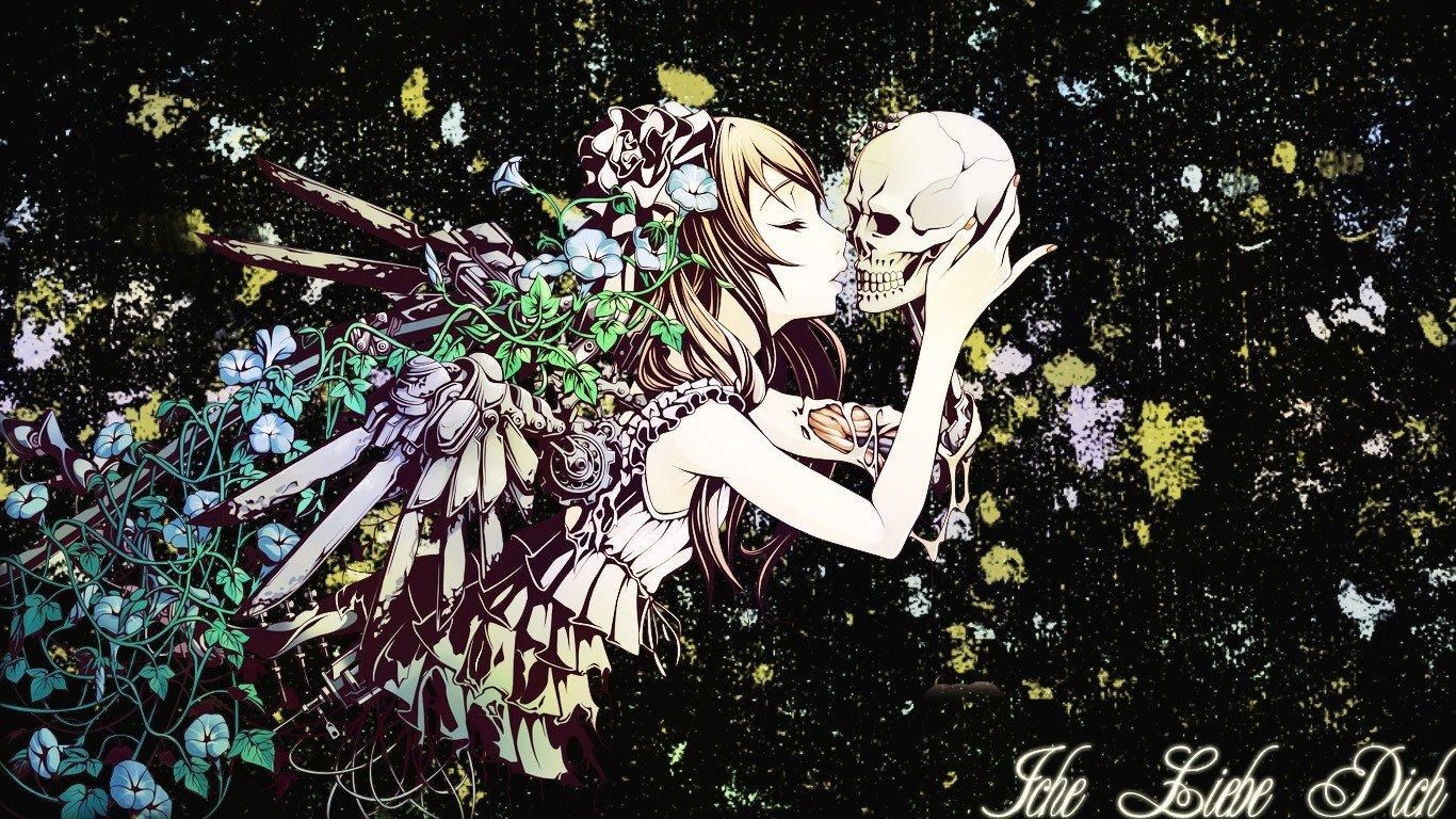 anime girls, Skull, Kissing, Original characters HD Wallpaper