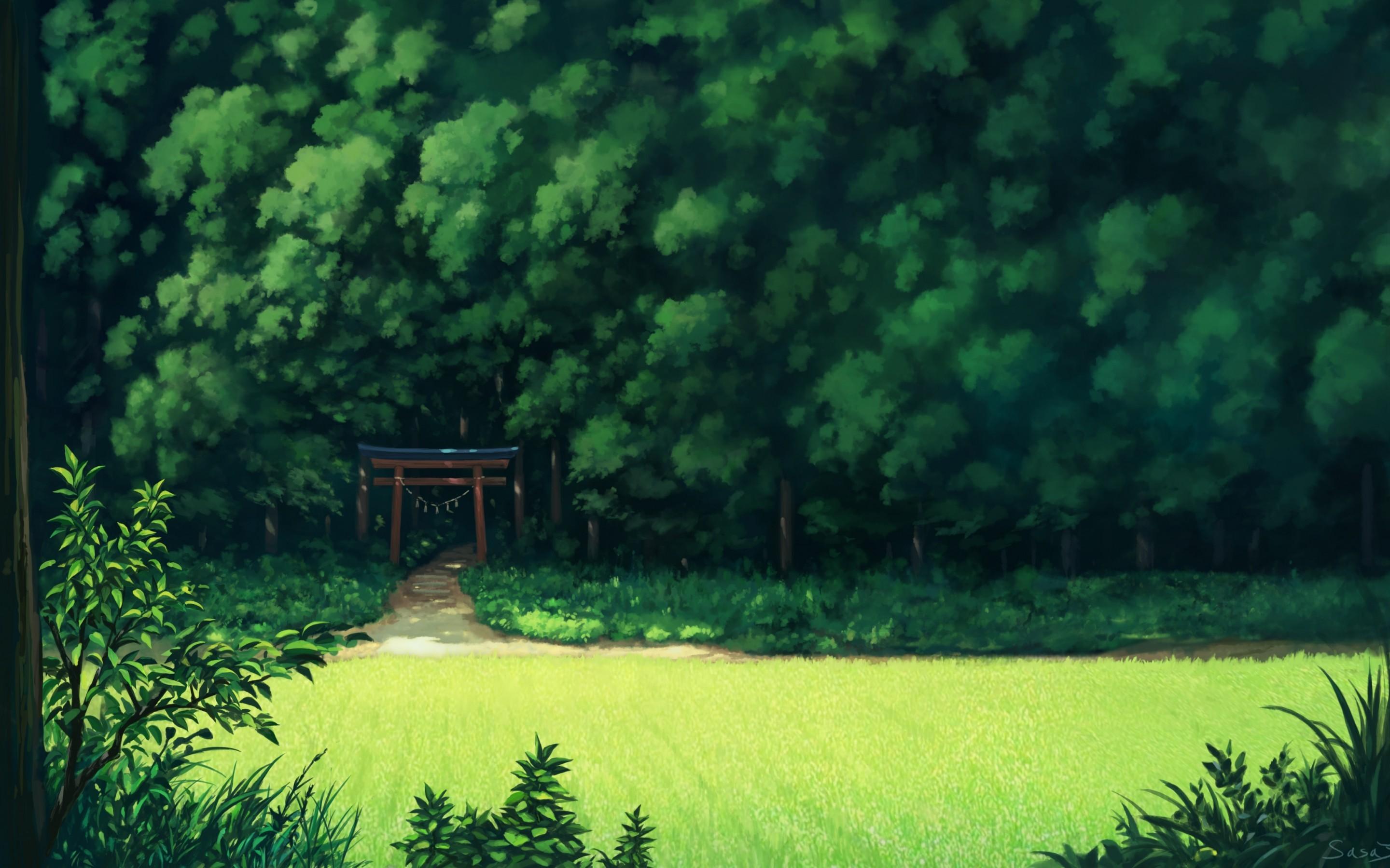 Download 2880x1800 Anime Landscape, Forest, Trees, Grass