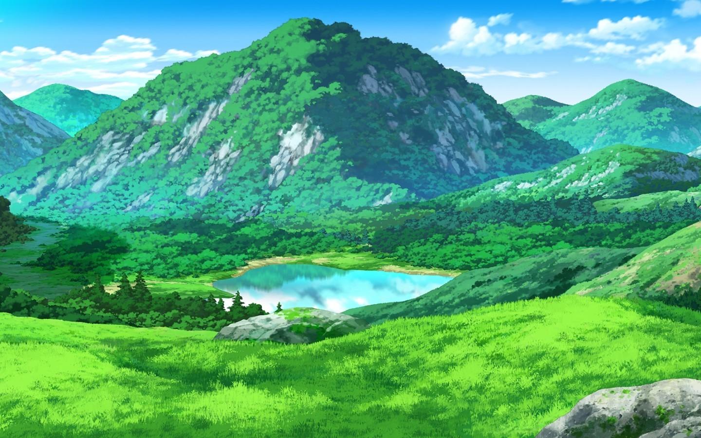 Download 1440x900 Anime Landscape, Mountain, Field, Grass