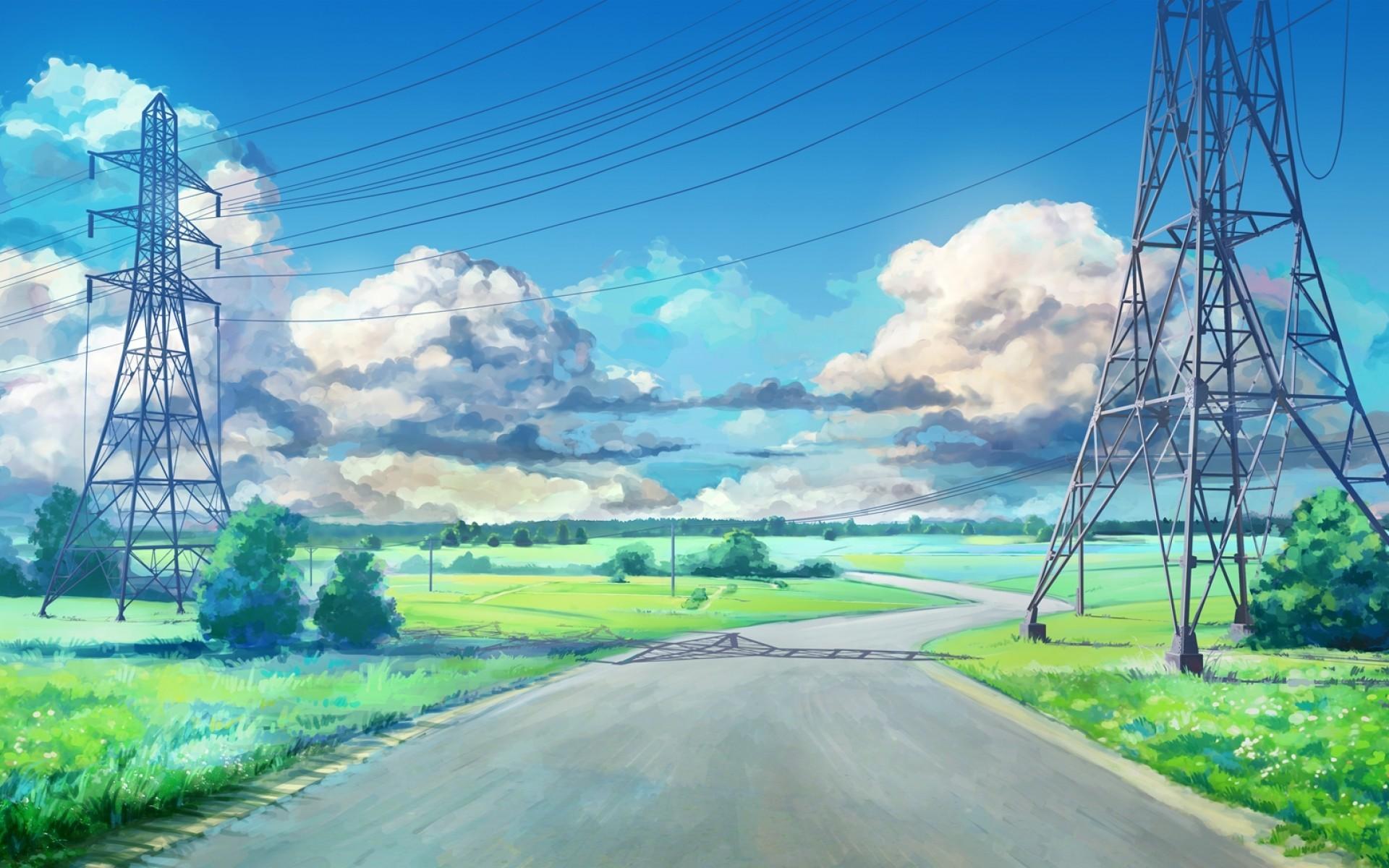 Download 1920x1200 Anime Landscape, Clouds, Grass, Field
