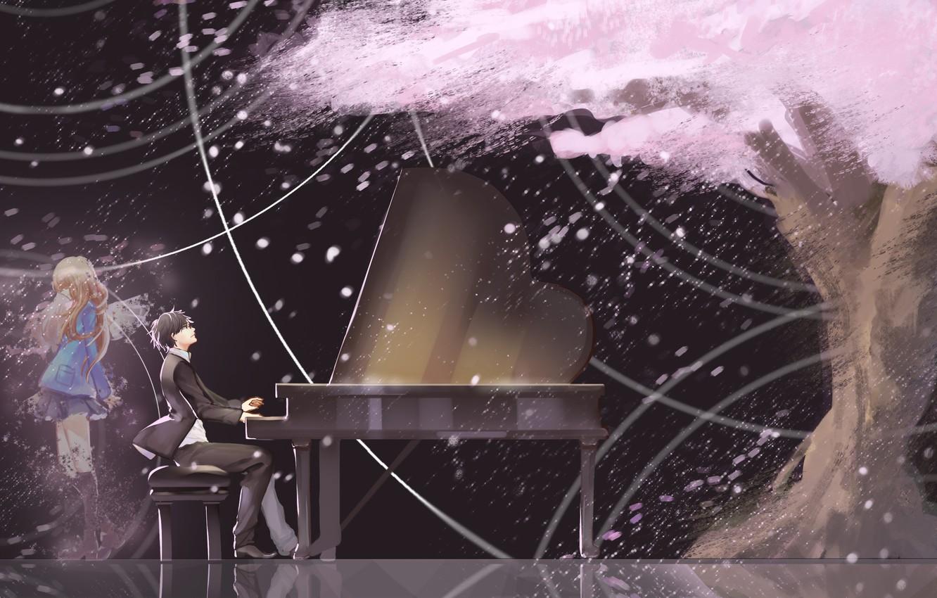 Wallpaper girl, tree, anime, petals, Sakura, piano, art, guy