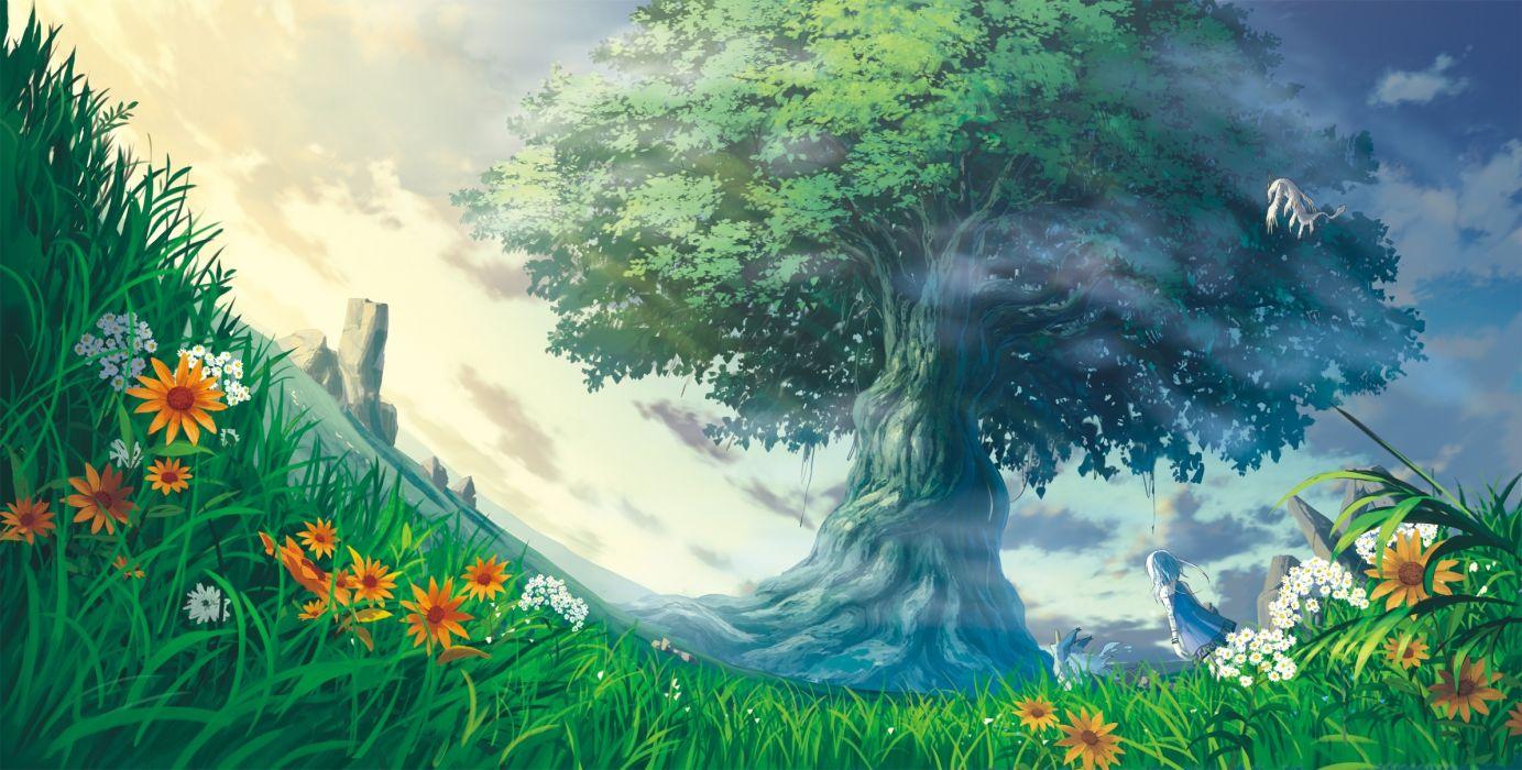 Anime Landscape Anime Girl Tree Flowers Grass Worm View