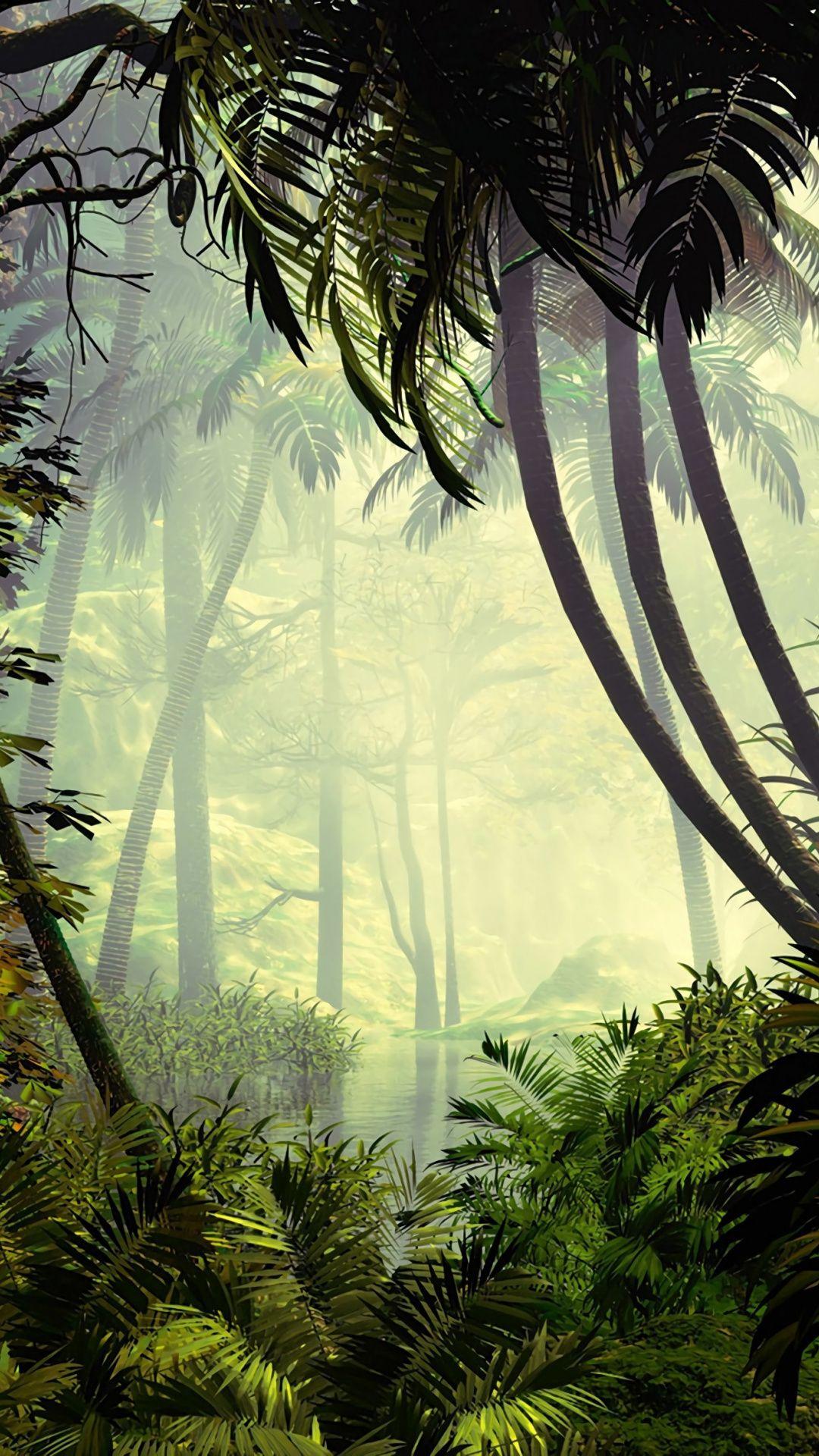 Palm trees, jungle, dense, forest, artwork, 1080x1920